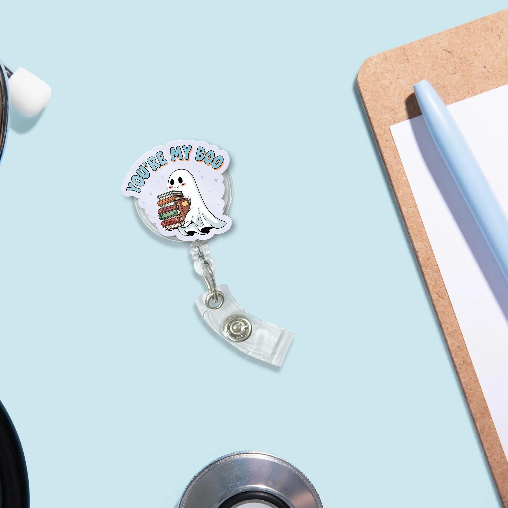You're My Boo Ghost Badge Reel, Cute Bookish ID Holder, Book Lover Gift for Teacher Librarian, Retractable Nurse Badge Clip
