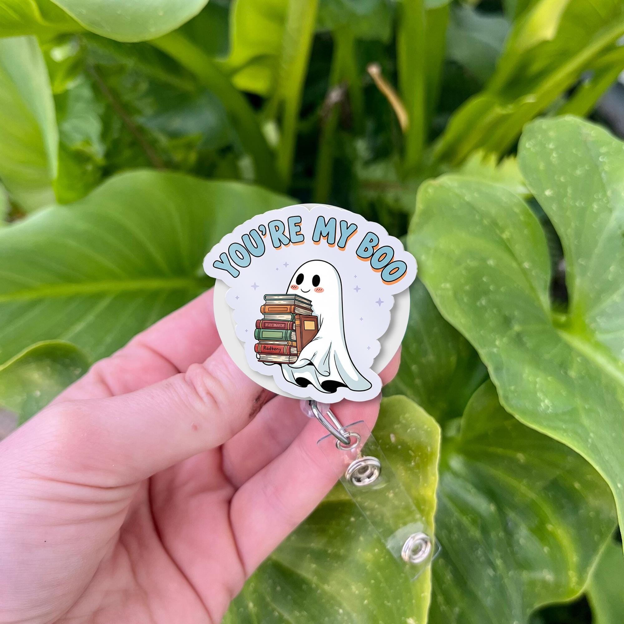 You're My Boo Ghost Badge Reel, Cute Bookish ID Holder, Book Lover Gift for Teacher Librarian, Retractable Nurse Badge Clip