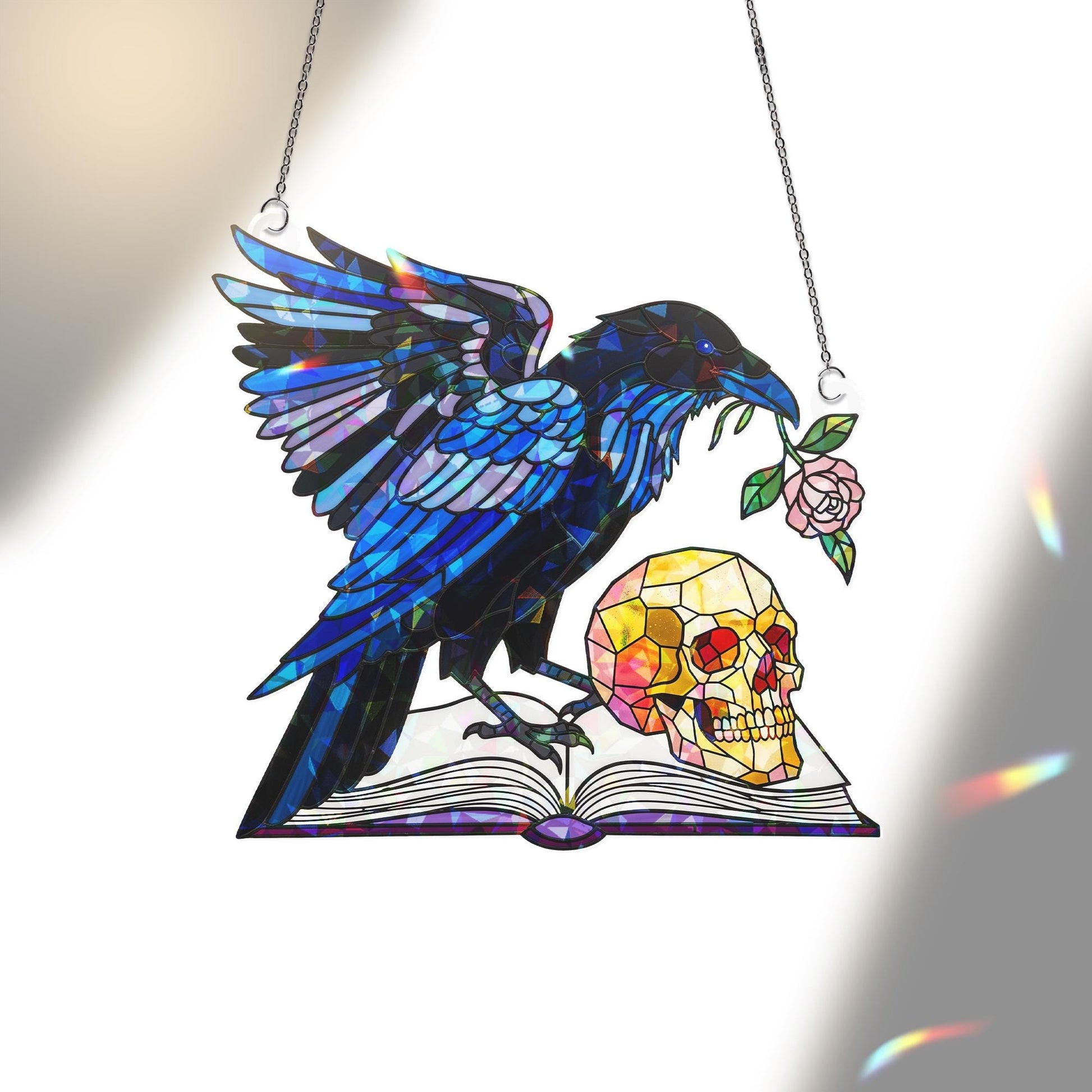 Acrylic Raven Suncatcher with Skull and Book, Gothic Window Hanging, Dark Academia Decor for Halloween and Year-Round Home Display