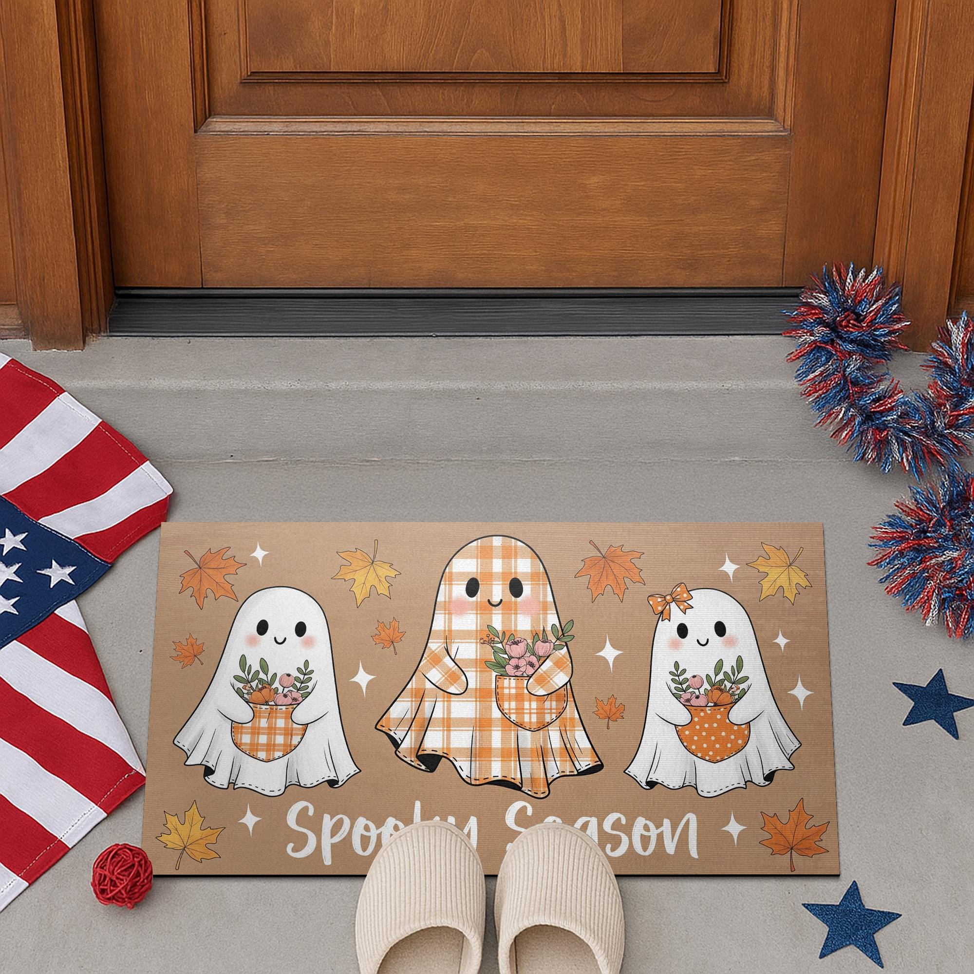Spooky Season Ghost Doormat – Cute Plaid Ghost Welcome Mat, Fall Halloween Door Rug