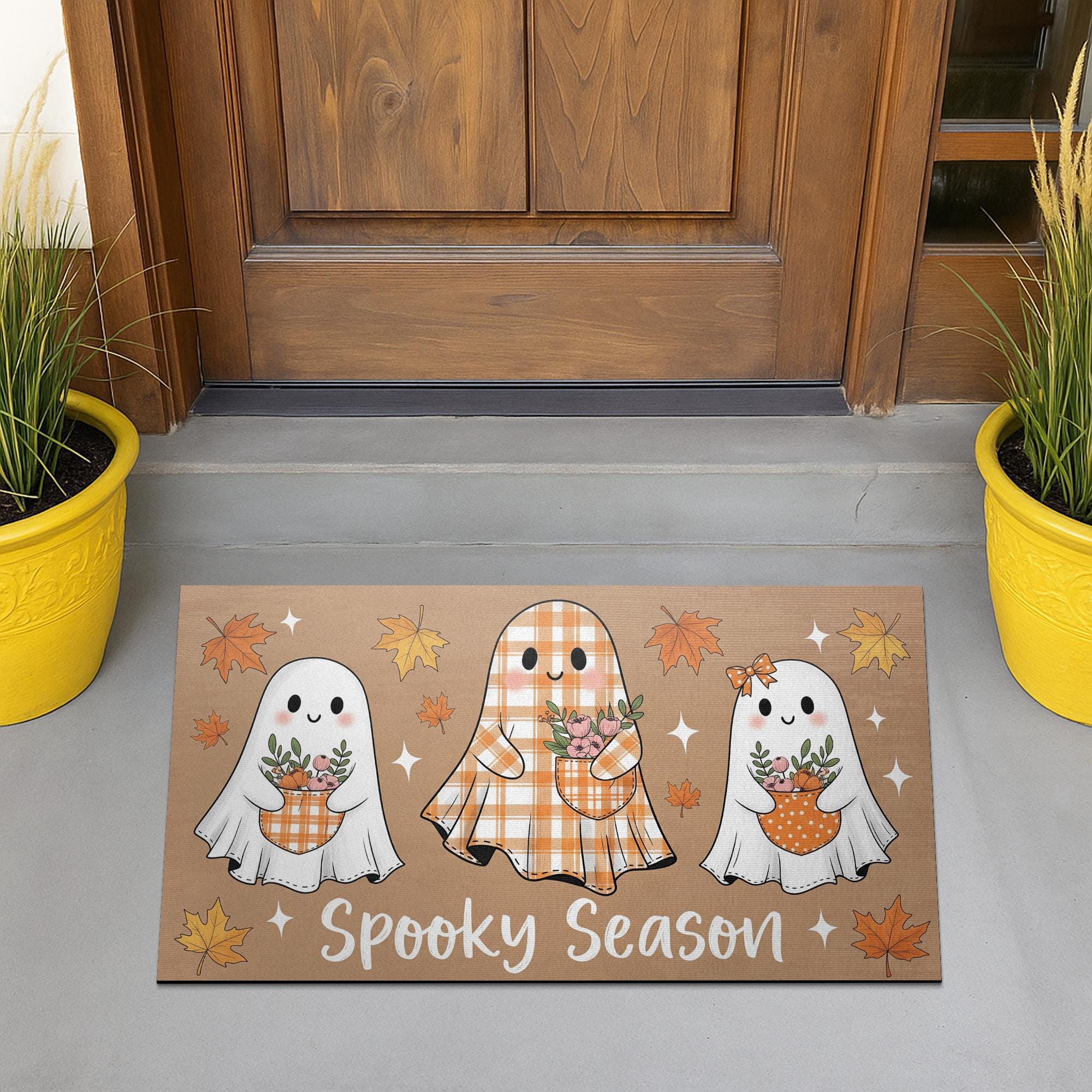 Spooky Season Ghost Doormat – Cute Plaid Ghost Welcome Mat, Fall Halloween Door Rug