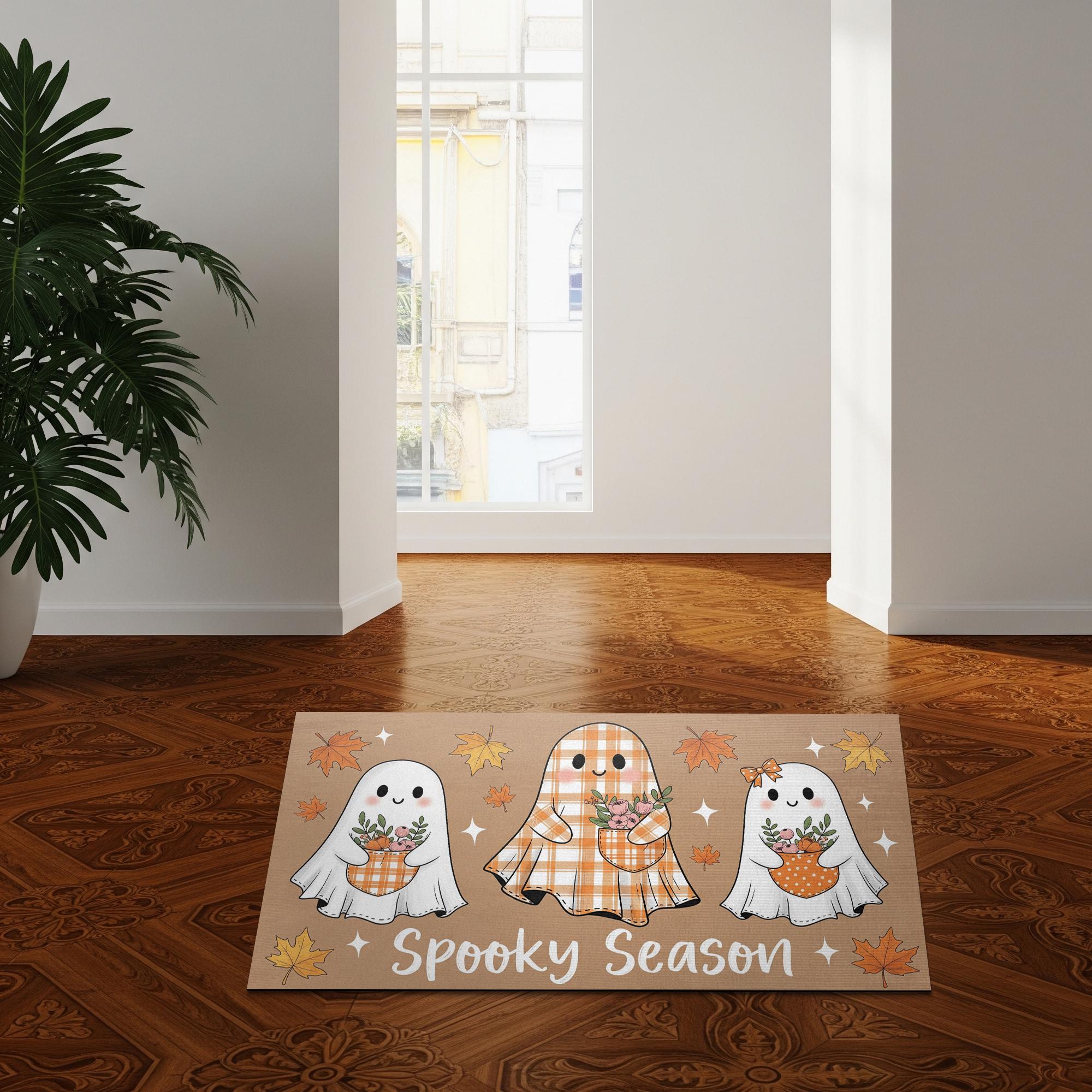 Spooky Season Ghost Doormat – Cute Plaid Ghost Welcome Mat, Fall Halloween Door Rug