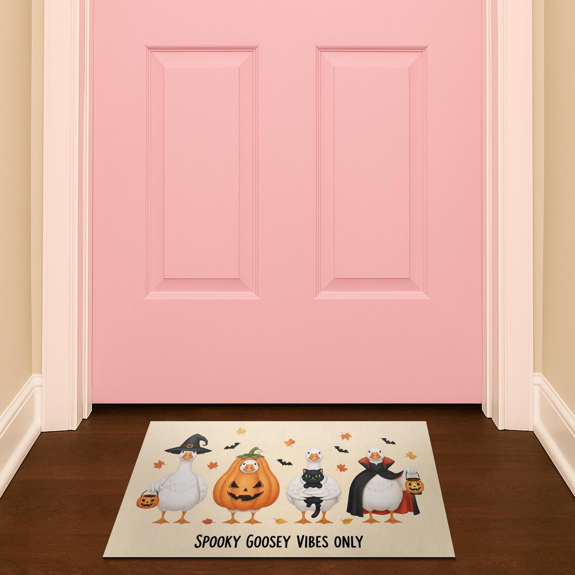 Halloween Goose Doormat, Funny Fall Welcome Mat with Pumpkins and Witches, Spooky Cute Entryway Rug for Autumn Porch Decoration