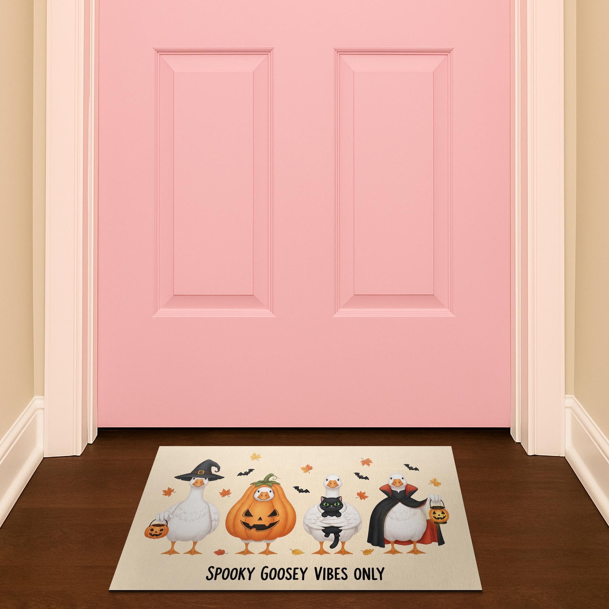 Halloween Goose Doormat, Funny Fall Welcome Mat with Pumpkins and Witches, Spooky Cute Entryway Rug for Autumn Porch Decoration