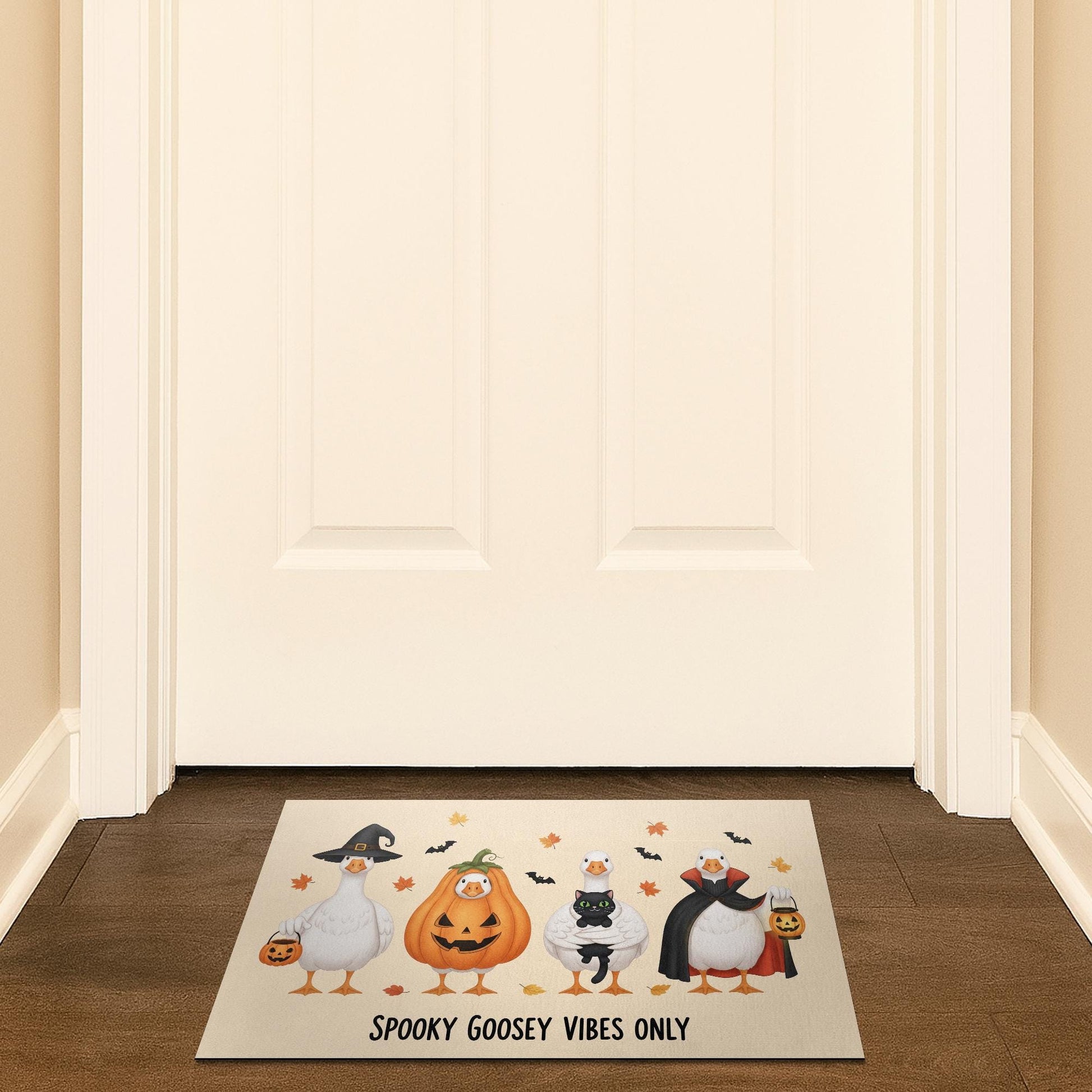 Halloween Goose Doormat, Funny Fall Welcome Mat with Pumpkins and Witches, Spooky Cute Entryway Rug for Autumn Porch Decoration