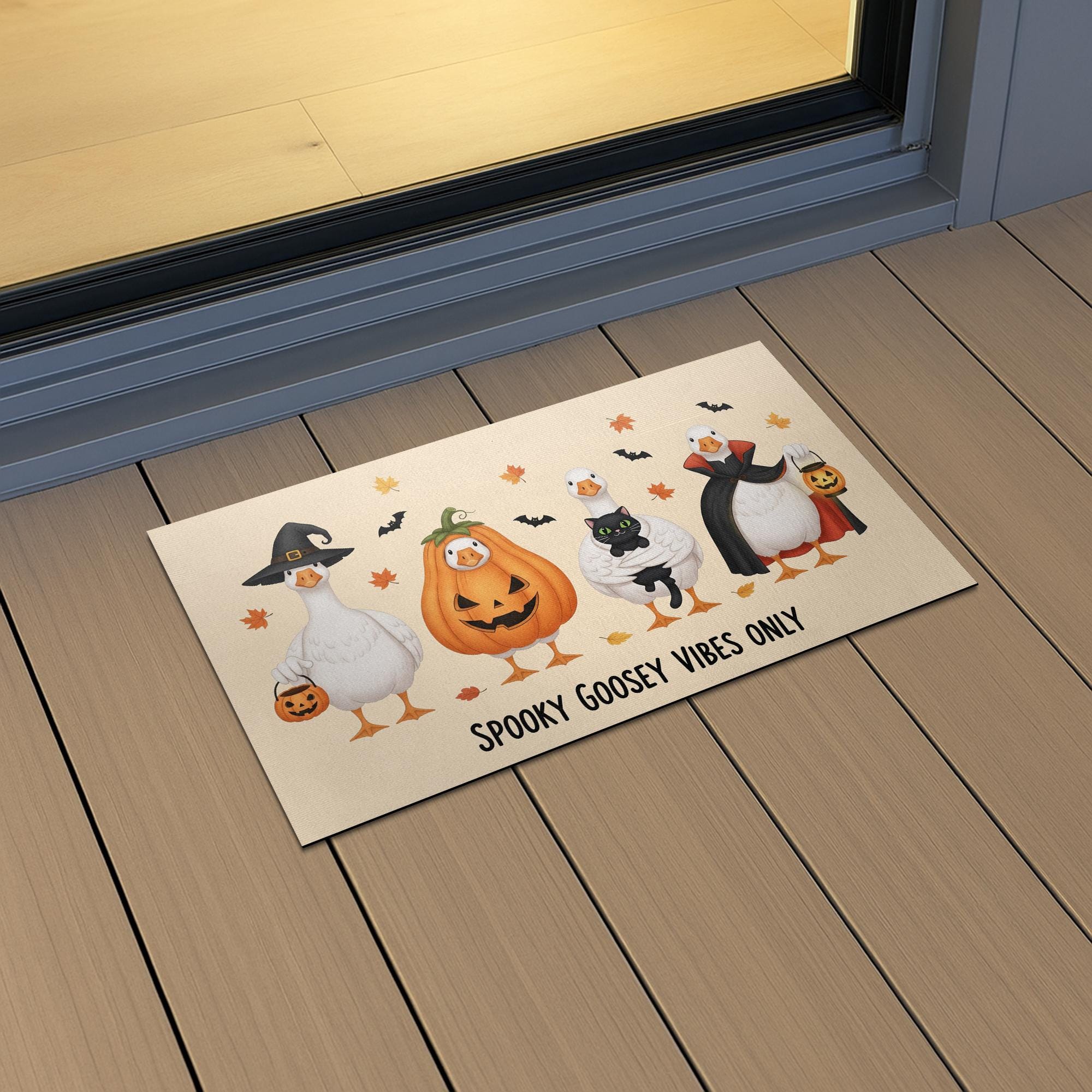 Halloween Goose Doormat, Funny Fall Welcome Mat with Pumpkins and Witches, Spooky Cute Entryway Rug for Autumn Porch Decoration