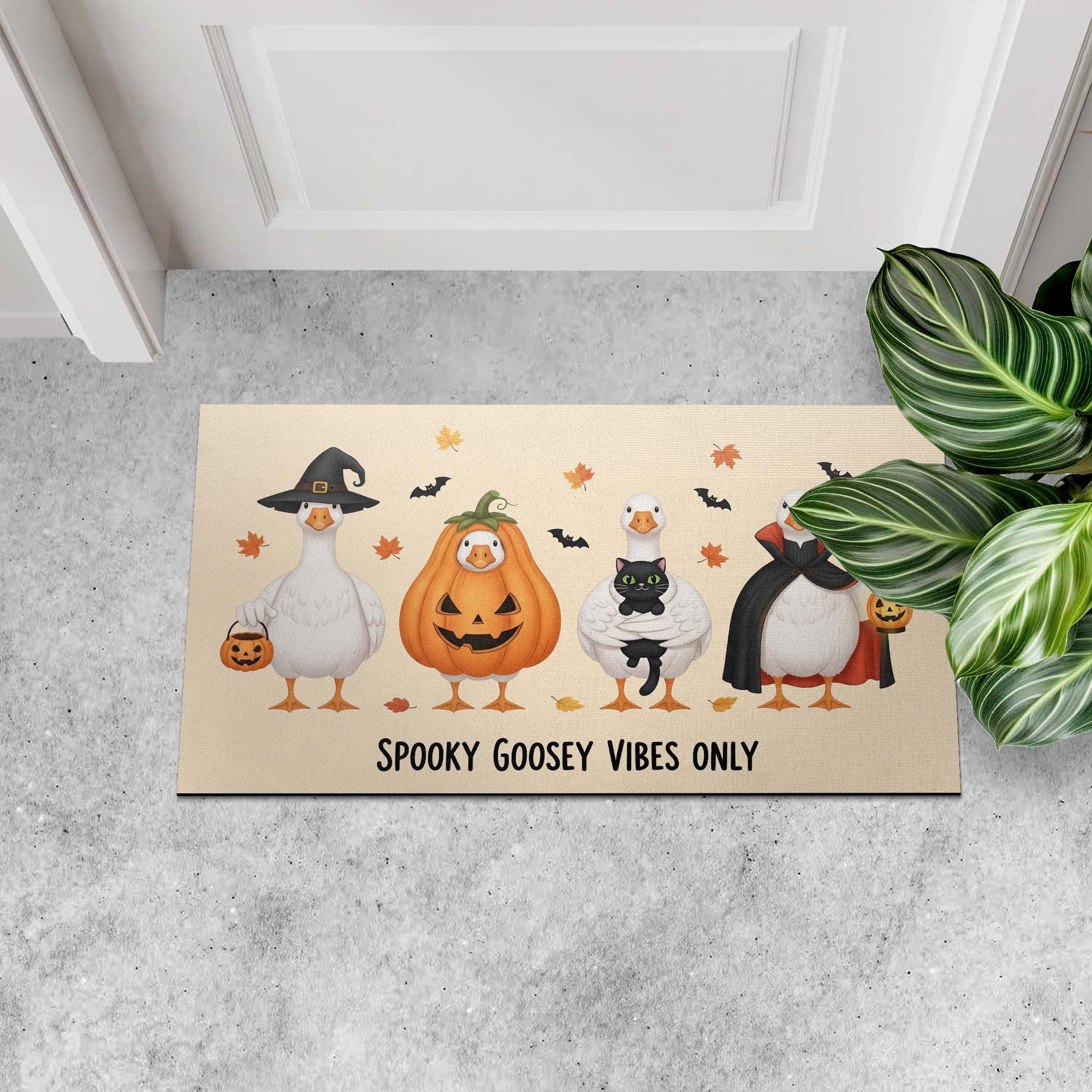 Halloween Goose Doormat, Funny Fall Welcome Mat with Pumpkins and Witches, Spooky Cute Entryway Rug for Autumn Porch Decoration
