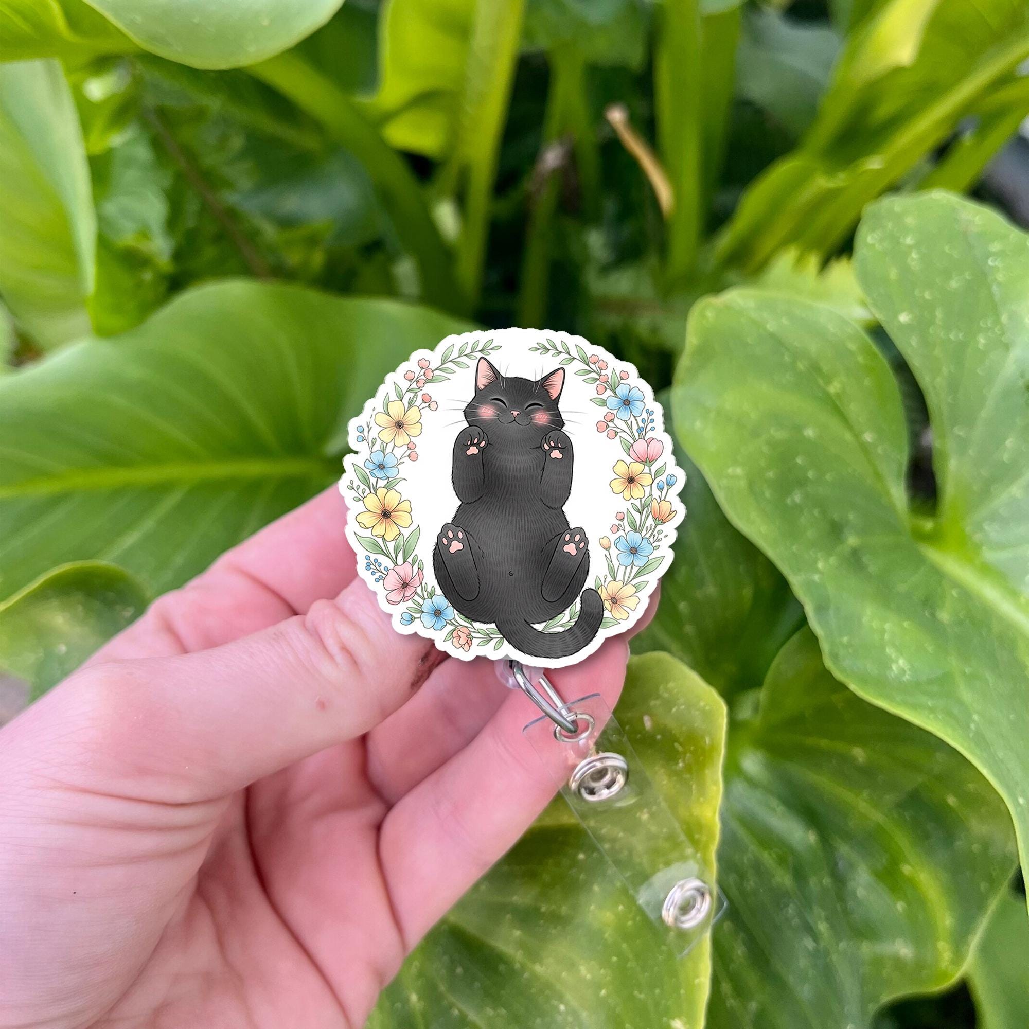 Cute Black Cat Badge Reel, Retractable ID Holder with Floral Wreath Design, Animal Lover Work Accessory for Nurses, Teachers, Office