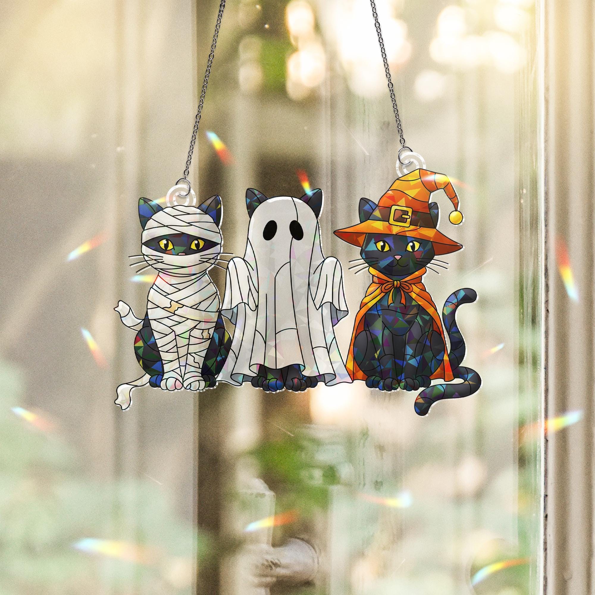 Acrylic Halloween Cat Hologram, Cute Black Cats in Costumes Window Hanging, Spooky Fall Home Decor for Autumn and Holiday Display