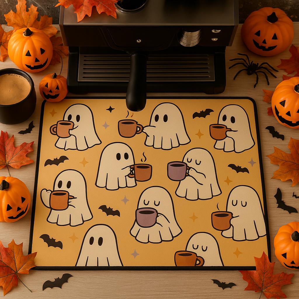 Kawaii Ghost Coffee Bar Mat: Halloween Coffee Station Decor
