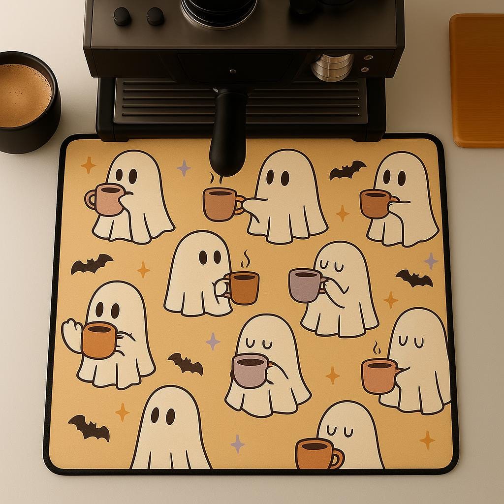 Kawaii Ghost Coffee Bar Mat: Halloween Coffee Station Decor