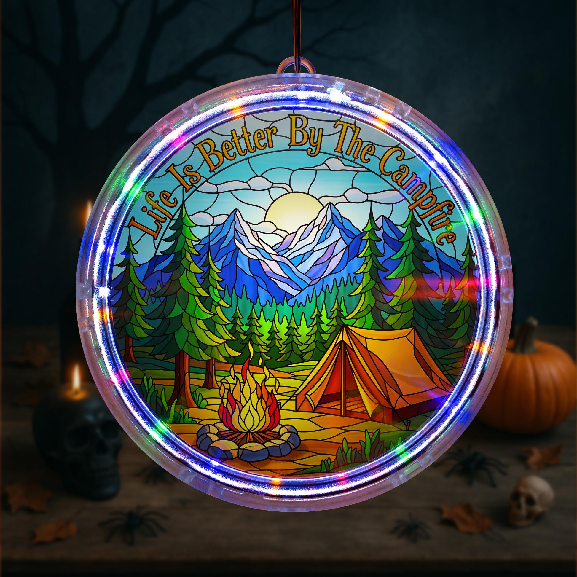 Campfire Scene LED Light: Mountain Window Art, RV Decor