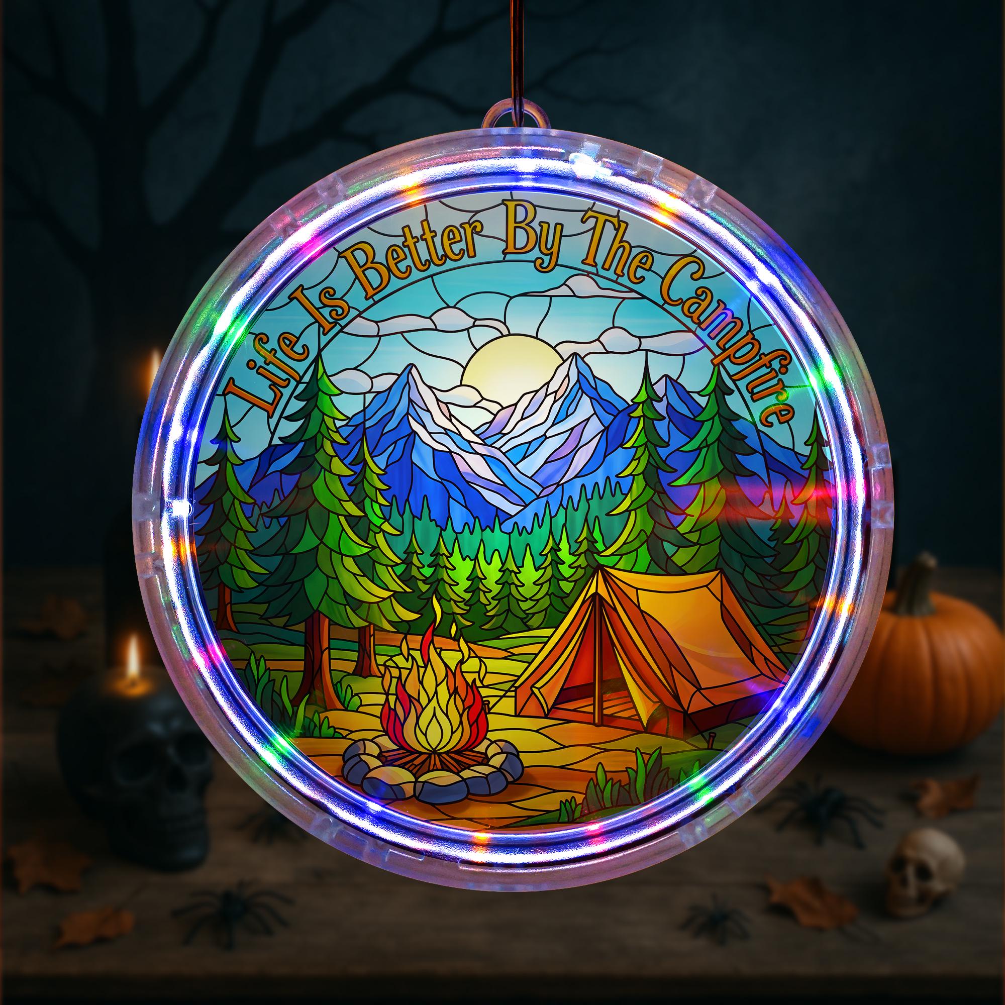 Campfire Scene LED Light: Mountain Window Art, RV Decor