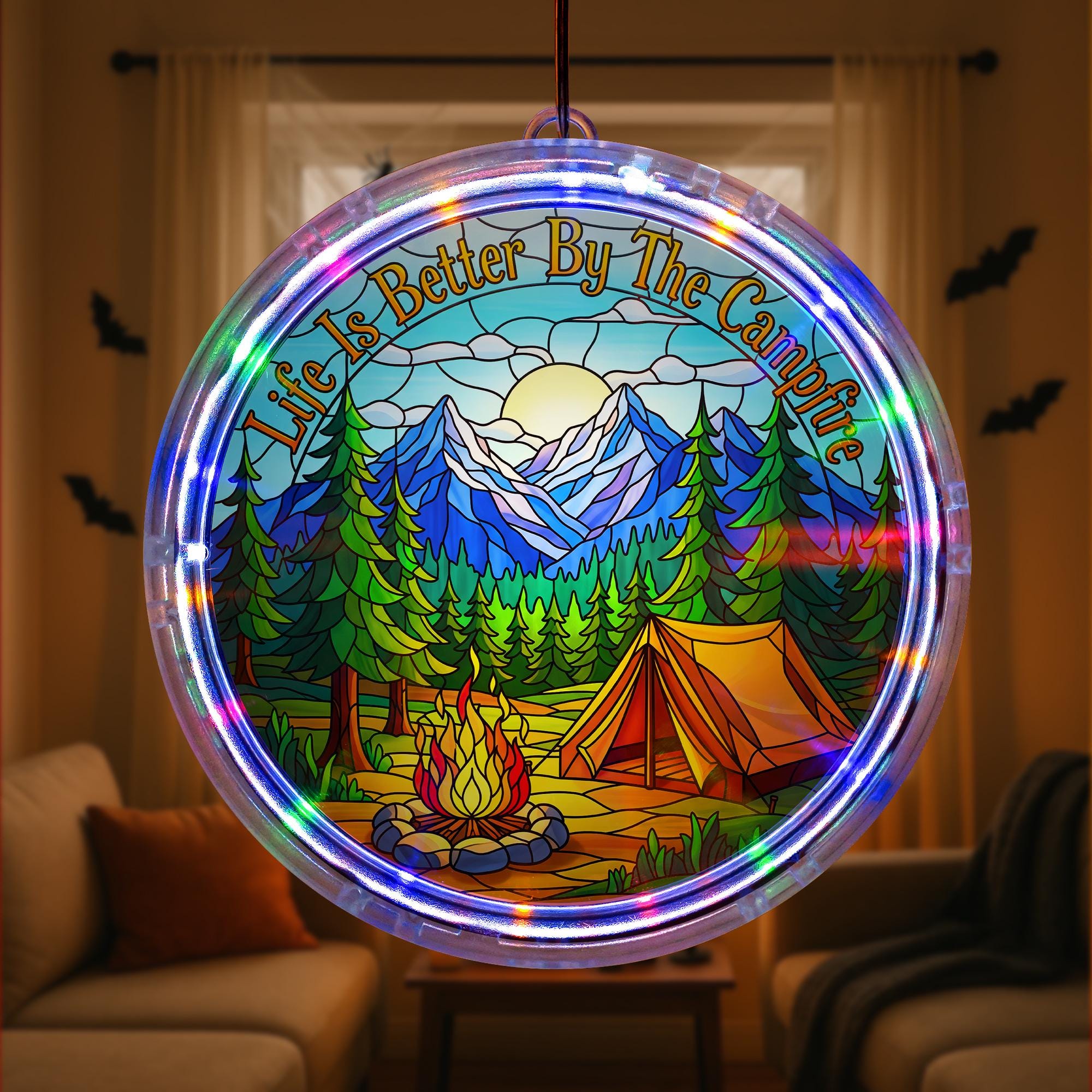 Campfire Scene LED Light: Mountain Window Art, RV Decor