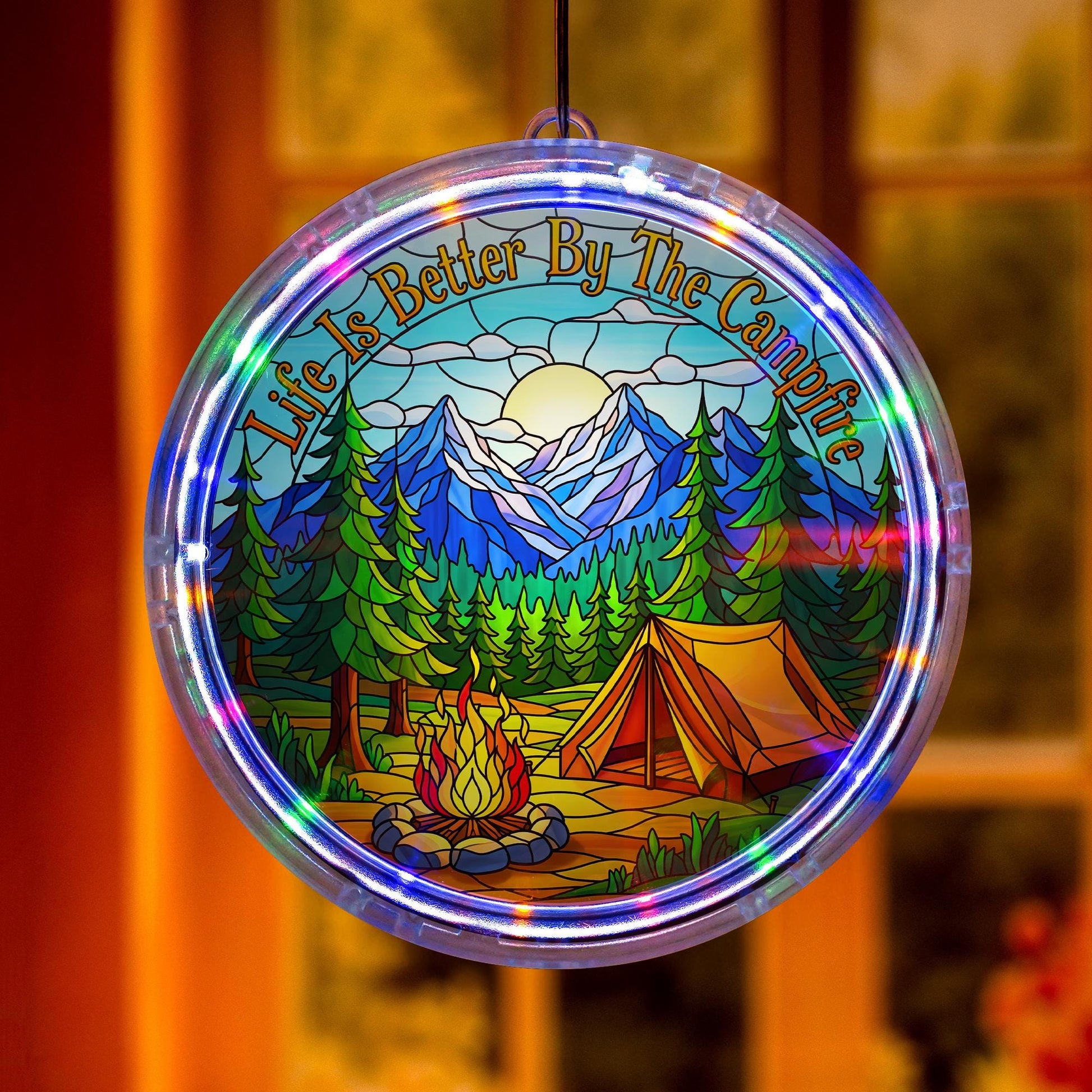 Campfire Scene LED Light: Mountain Window Art, RV Decor
