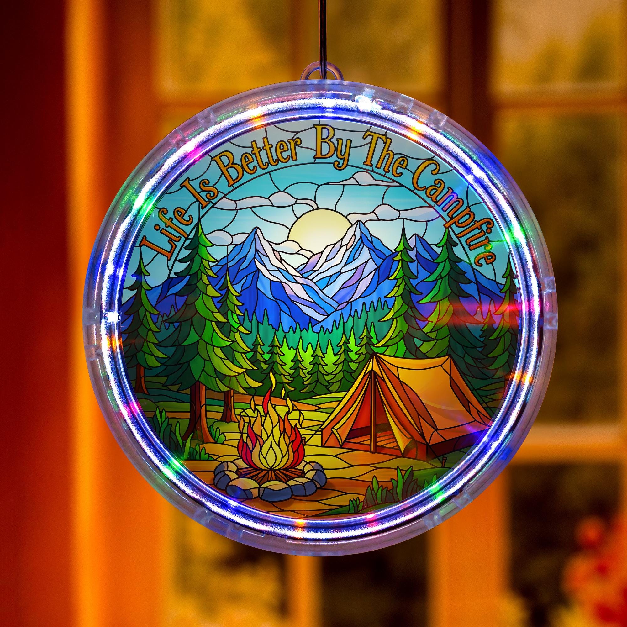 Campfire Scene LED Light: Mountain Window Art, RV Decor