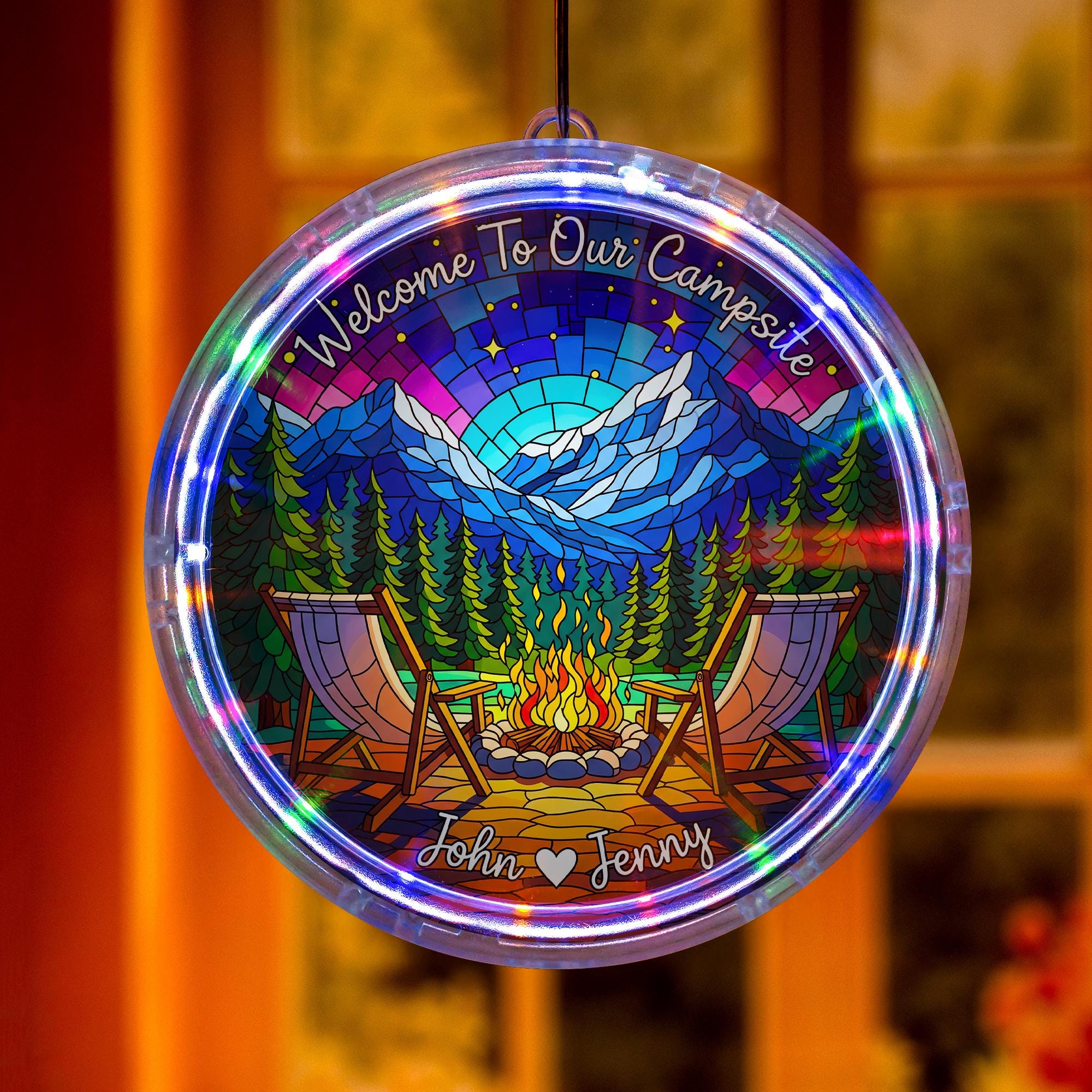 Personalized Camping LED Light: Campfire Scene, Custom Names