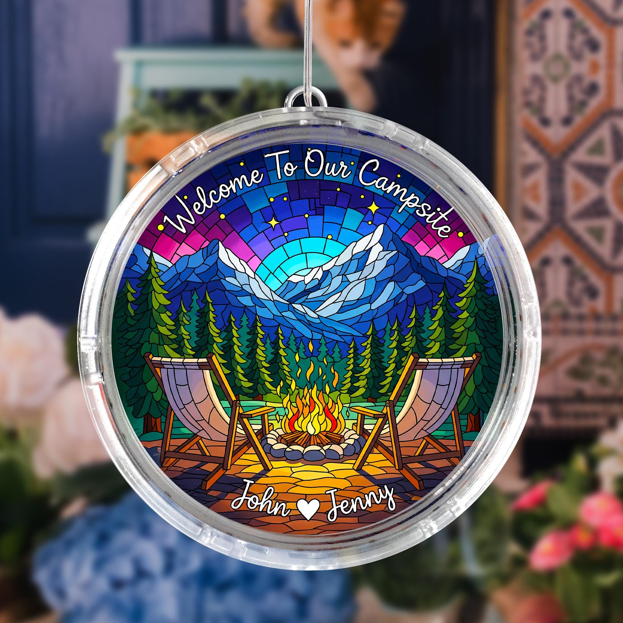 Personalized Camping LED Light: Campfire Scene, Custom Names