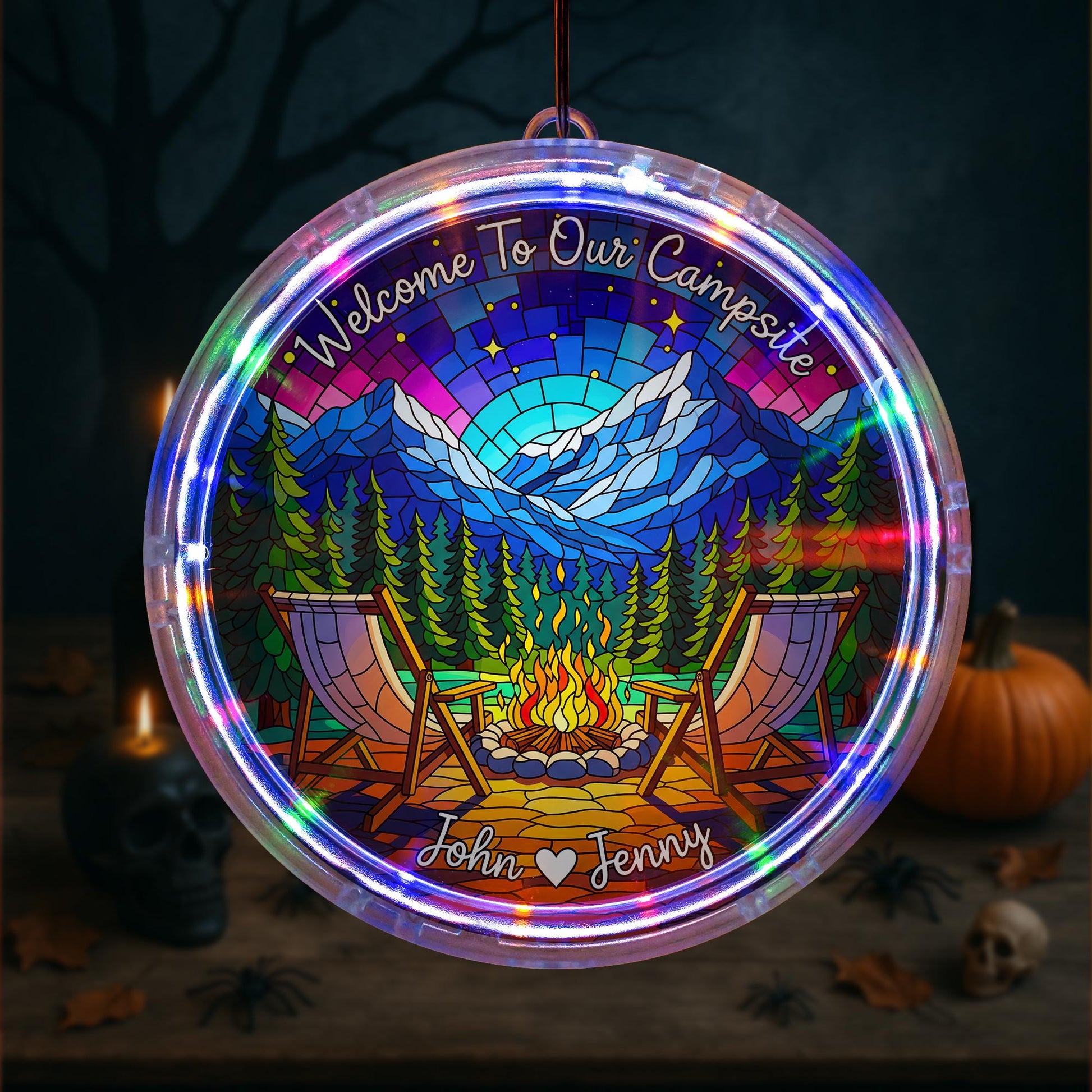 Personalized Camping LED Light: Campfire Scene, Custom Names