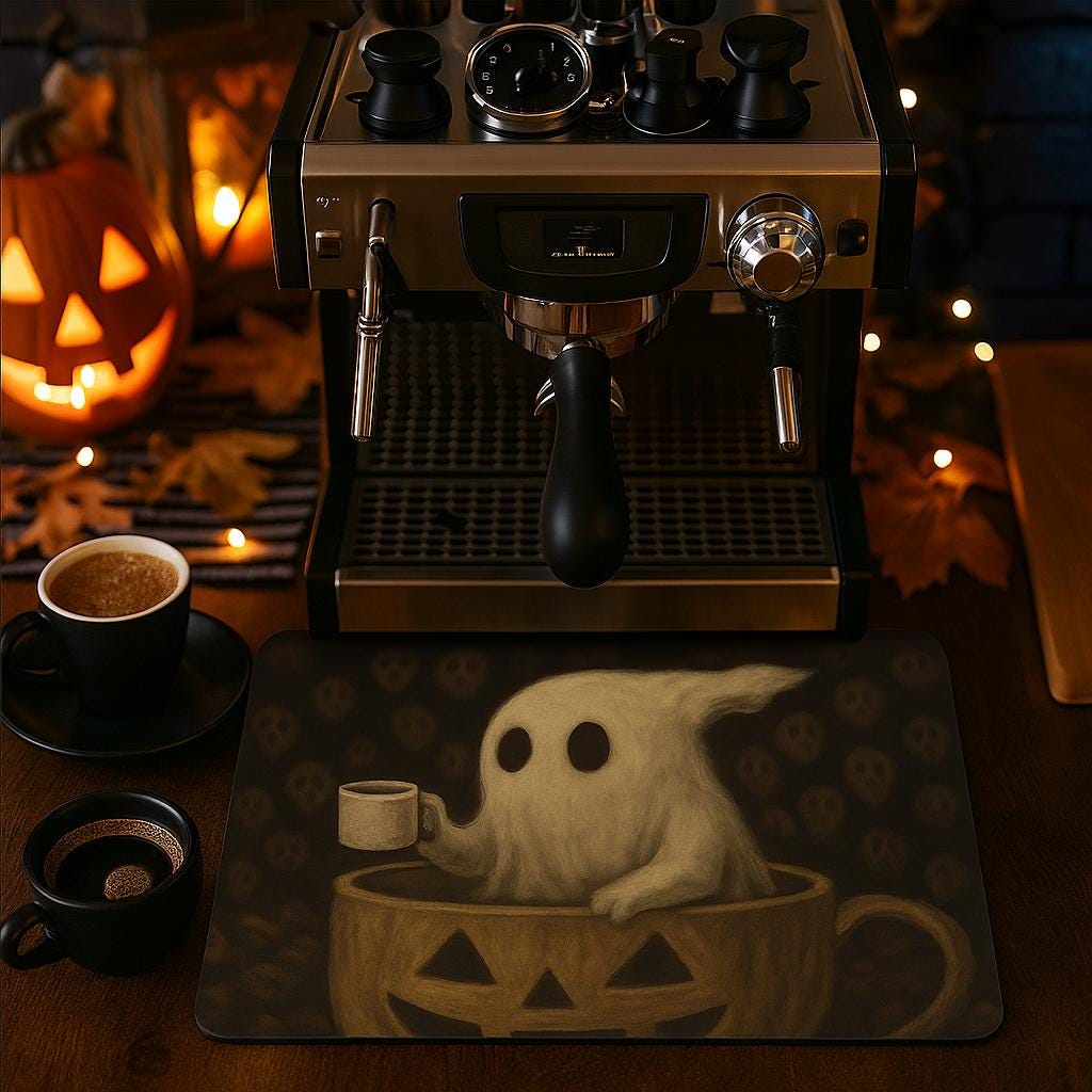 Ghost Coffee Bar Mat – Halloween Jack O’ Lantern Espresso Station Decor