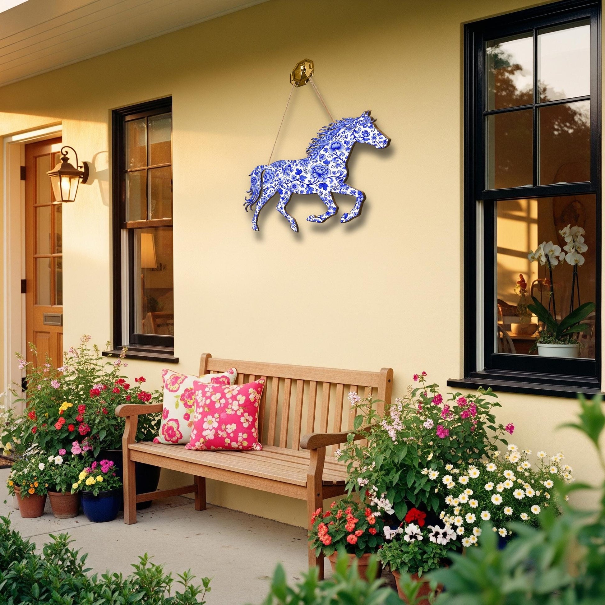 Chinoiserie Horse Wood Sign: Blue Floral Equestrian Wall Art