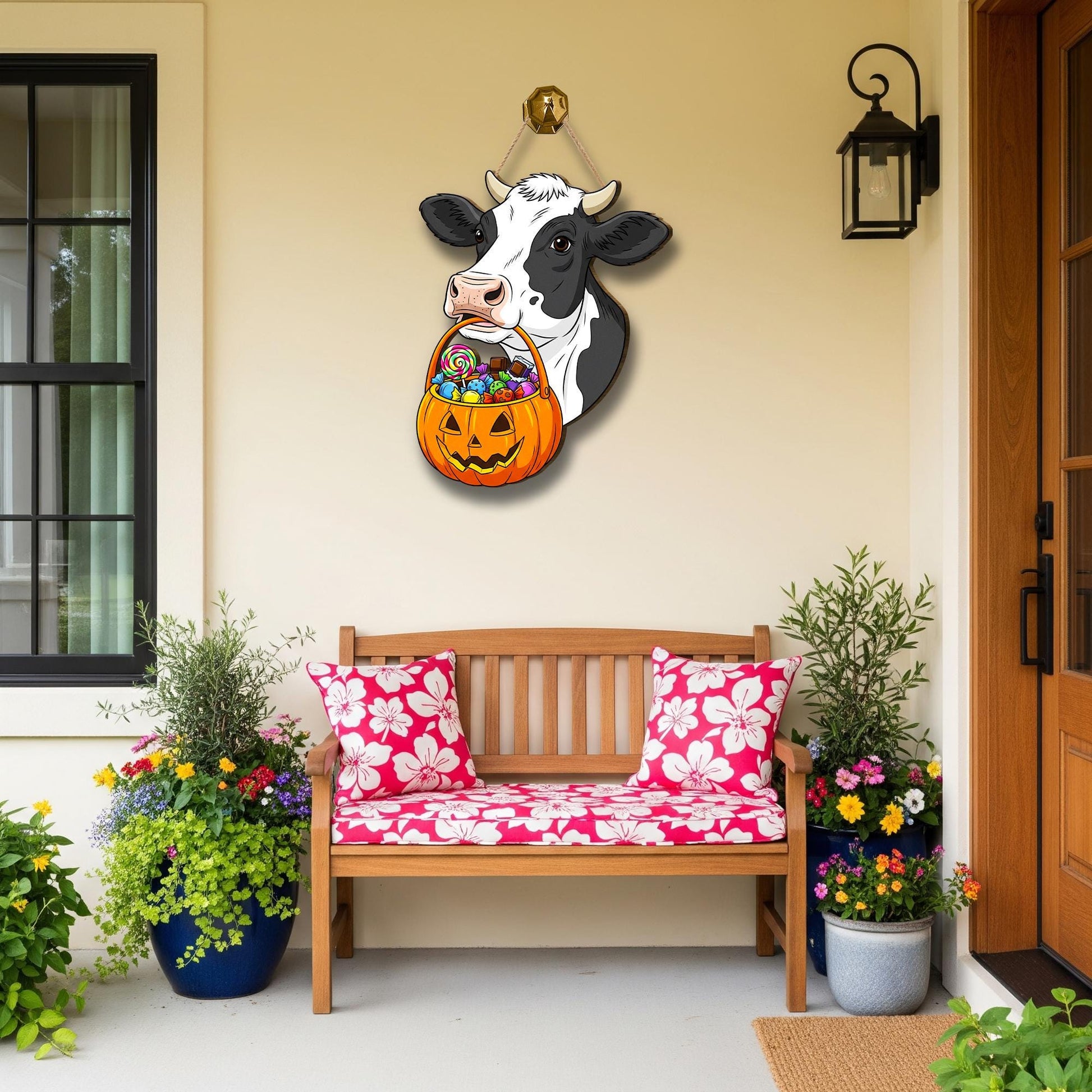 Funny Cow Halloween Door Hanger: Farmhouse Pumpkin Candy Basket