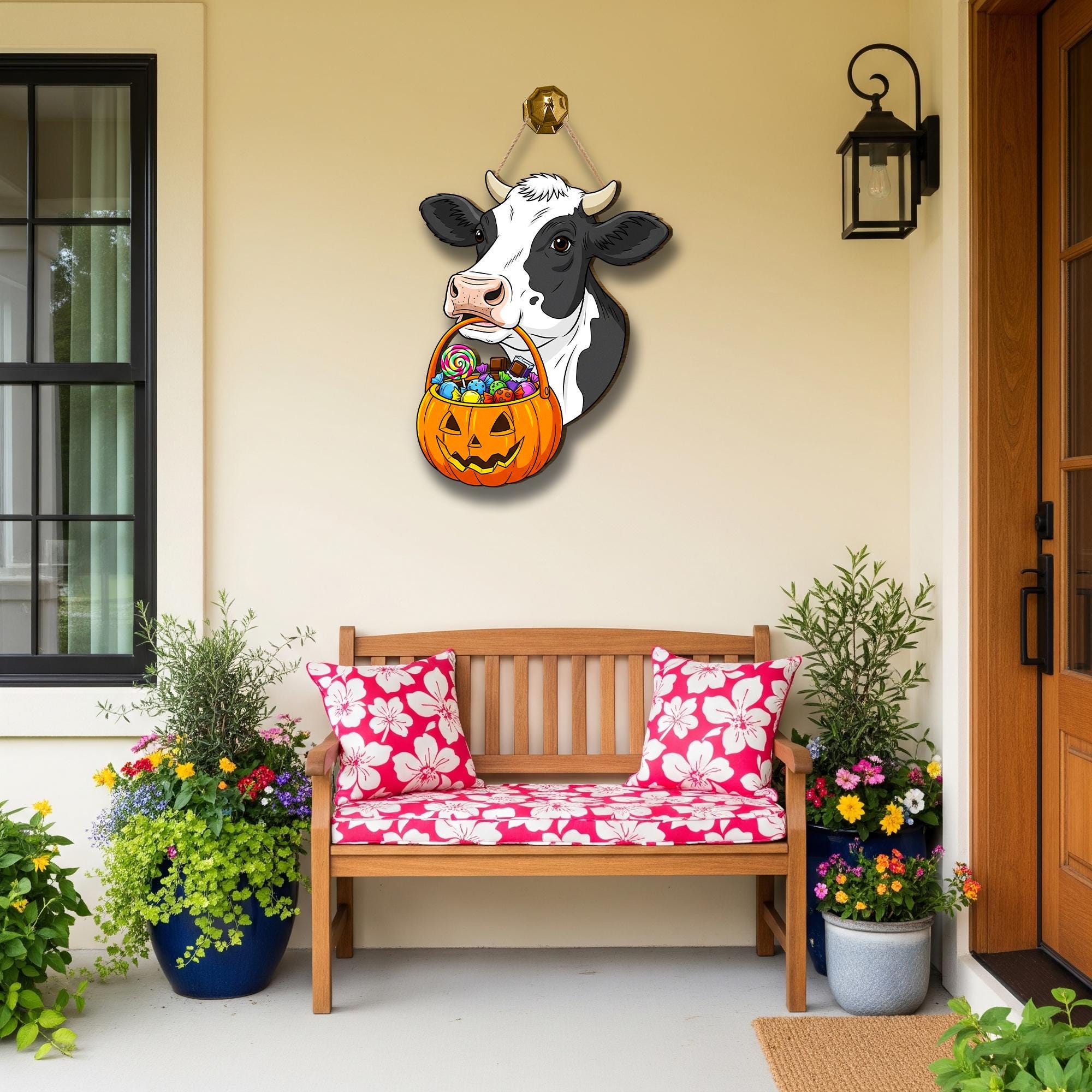 Funny Cow Halloween Door Hanger: Farmhouse Pumpkin Candy Basket