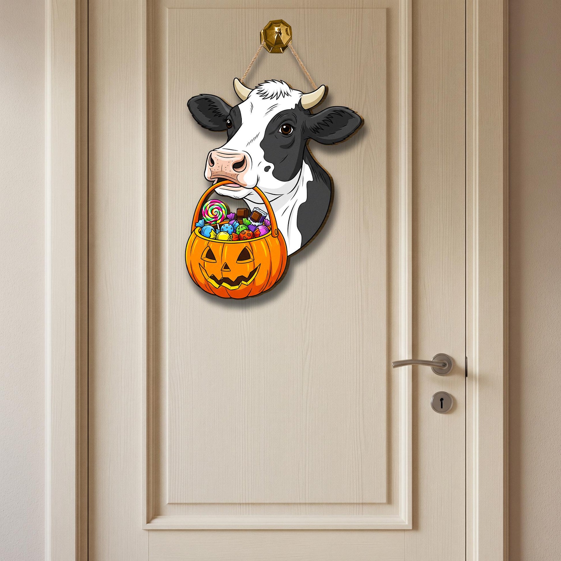 Funny Cow Halloween Door Hanger: Farmhouse Pumpkin Candy Basket