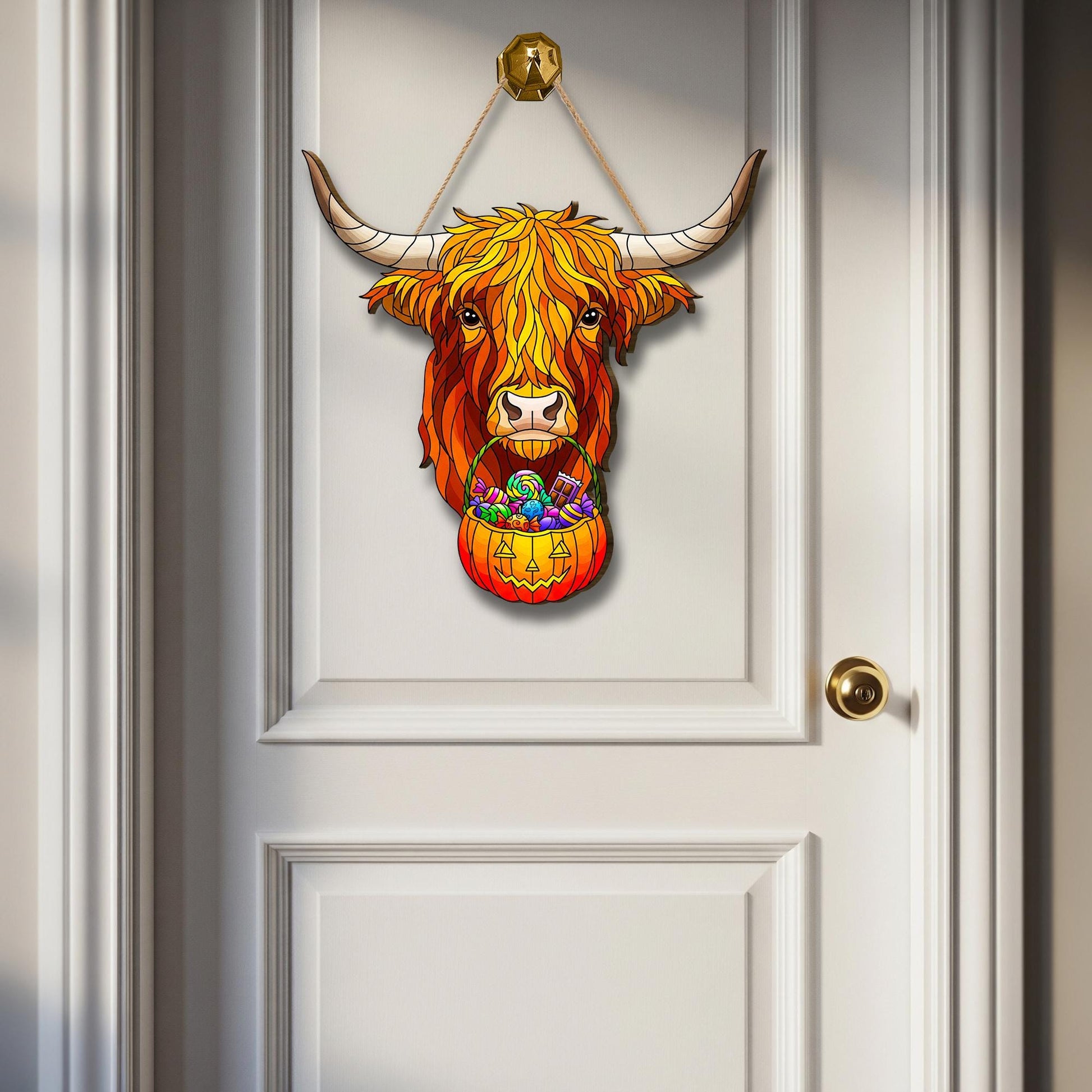 Highland Cow Halloween Door Hanger: Farmhouse Pumpkin Candy Holder