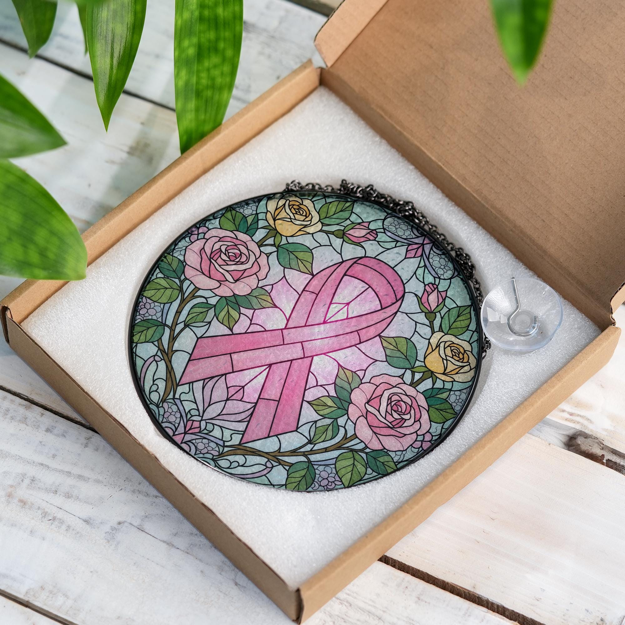 Breast Cancer Suncatcher – Pink Ribbon Glass Window Decor Warrior Gift
