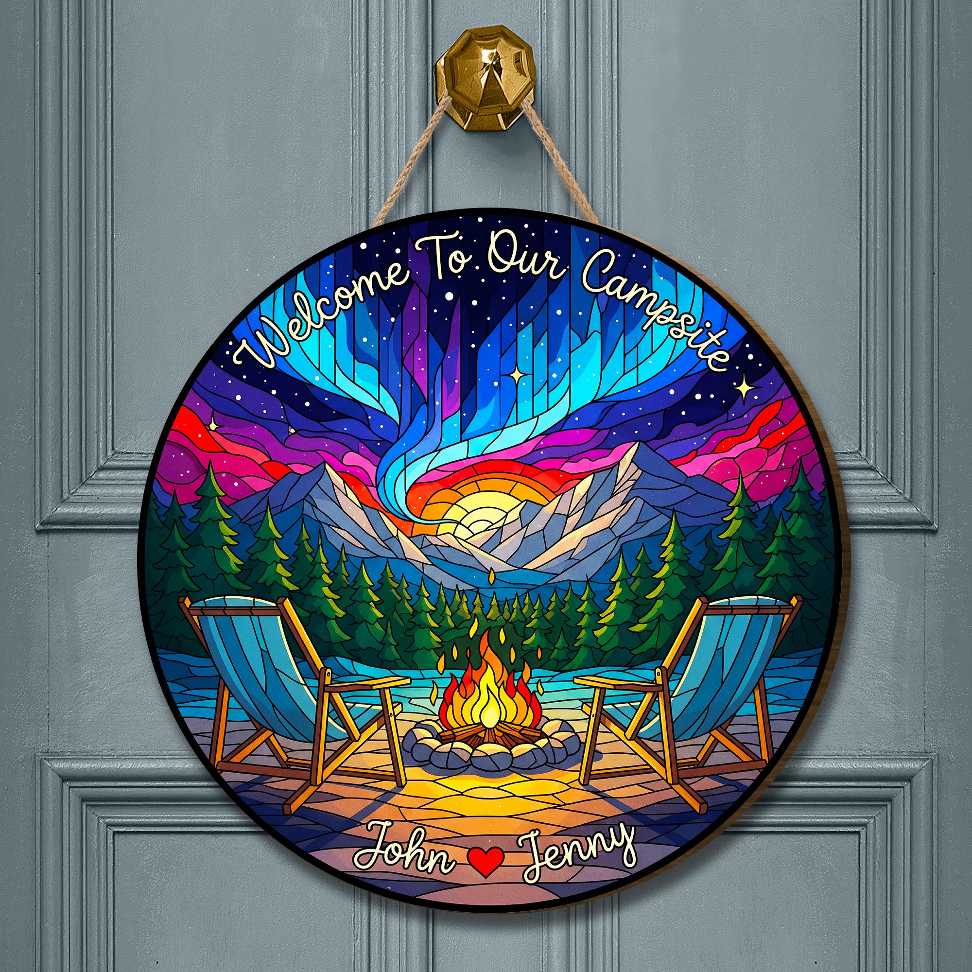 Personalized Camping Sign: Northern Lights RV Decor, Custom Campsite Door Hanger