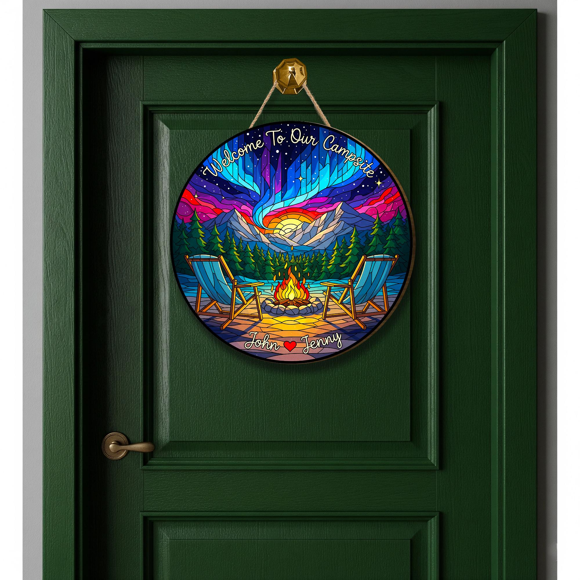 Personalized Camping Sign: Northern Lights RV Decor, Custom Campsite Door Hanger
