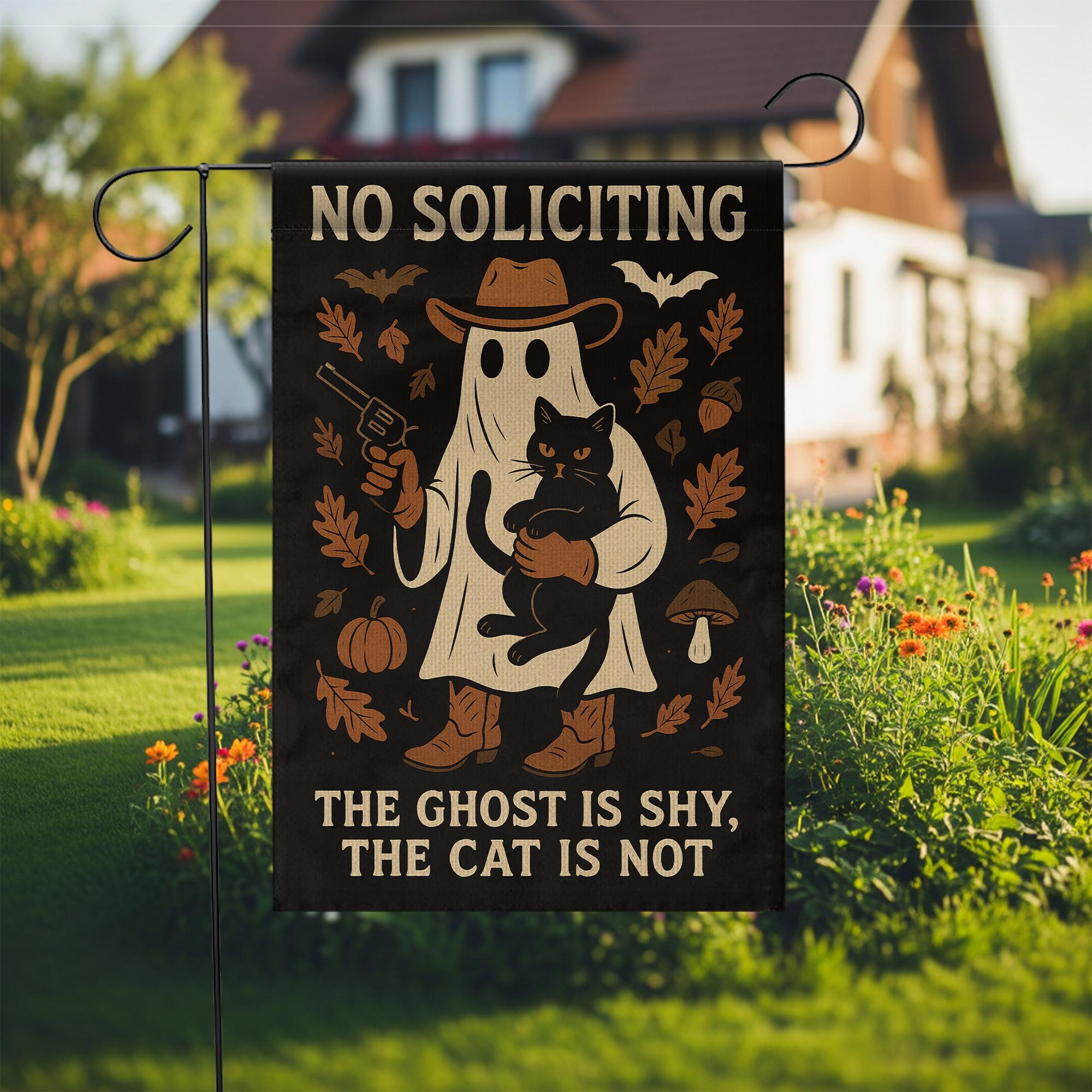 No Soliciting Flag – Funny Halloween Ghost and Cat Garden Yard Decor