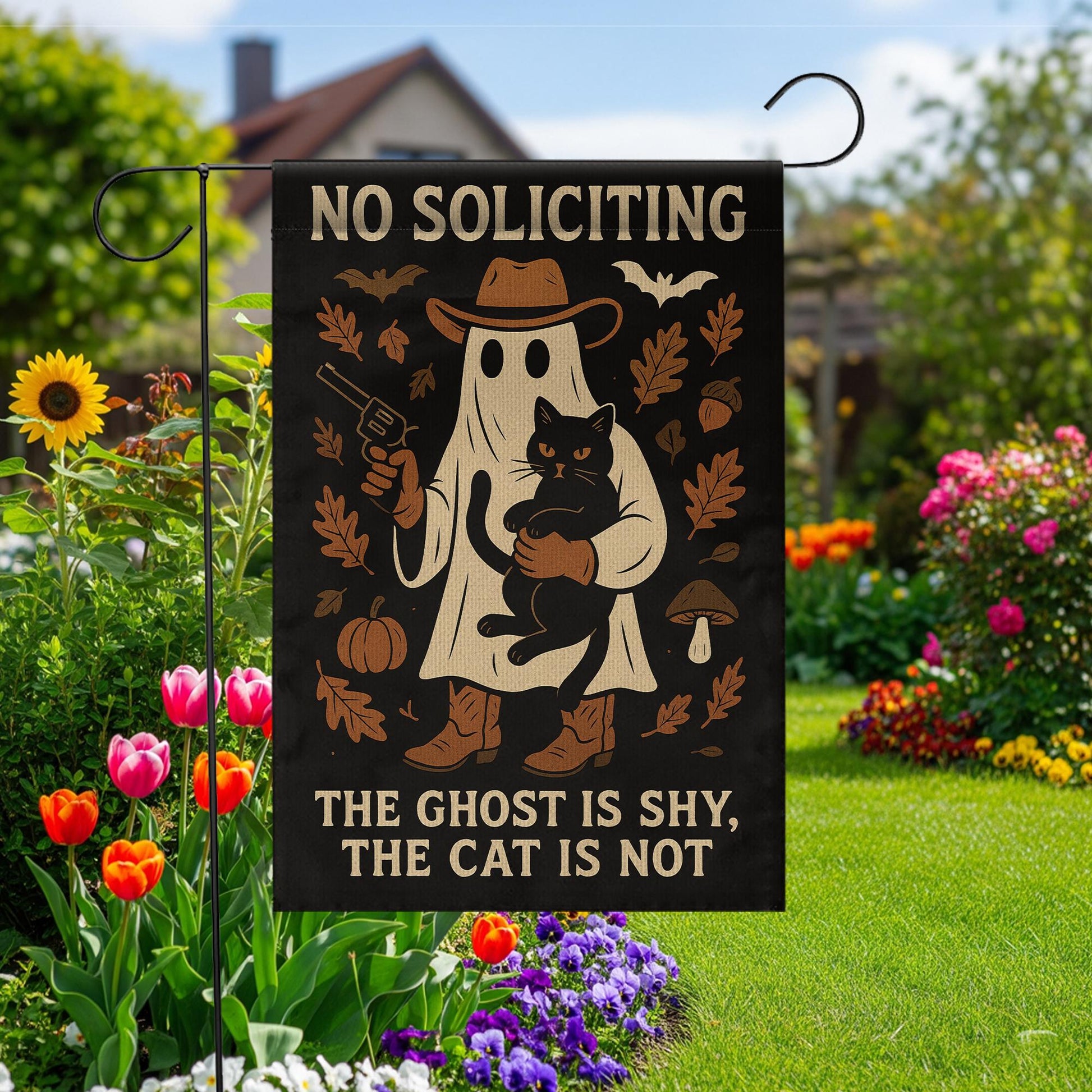 No Soliciting Flag – Funny Halloween Ghost and Cat Garden Yard Decor