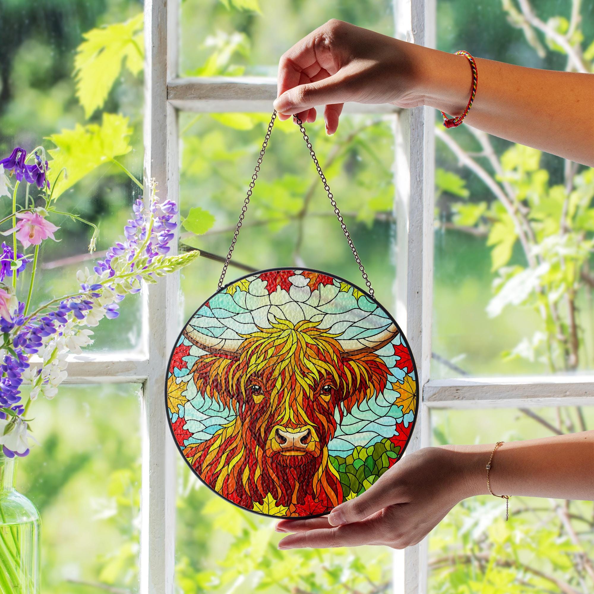 Highland Cow Glass Suncatcher: Fall Maple Leaf Window Decor