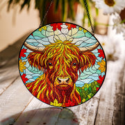 Highland Cow Glass Suncatcher: Fall Maple Leaf Window Decor