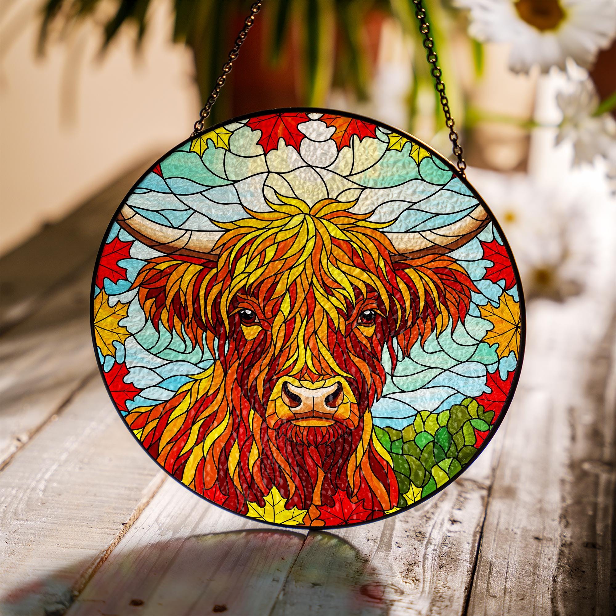 Highland Cow Glass Suncatcher: Fall Maple Leaf Window Decor