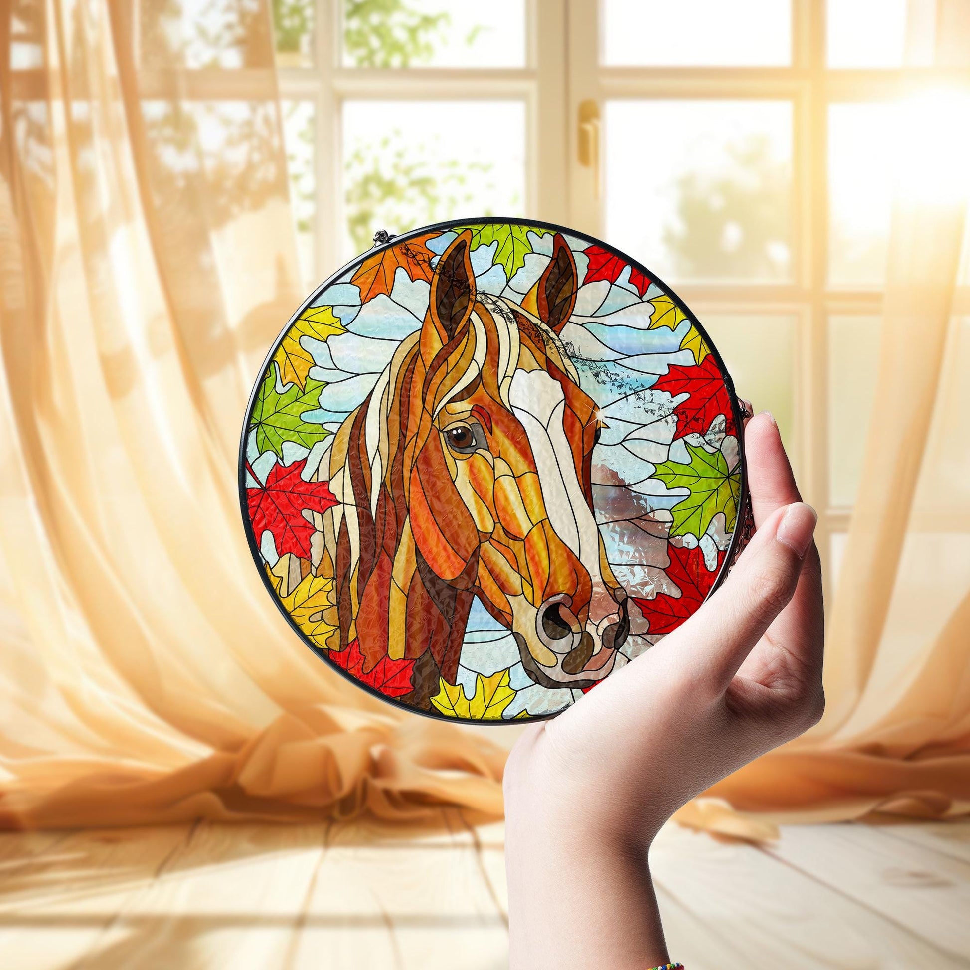 Horse Suncatcher with Autumn Maple Leaves: Equestrian Fall Decor