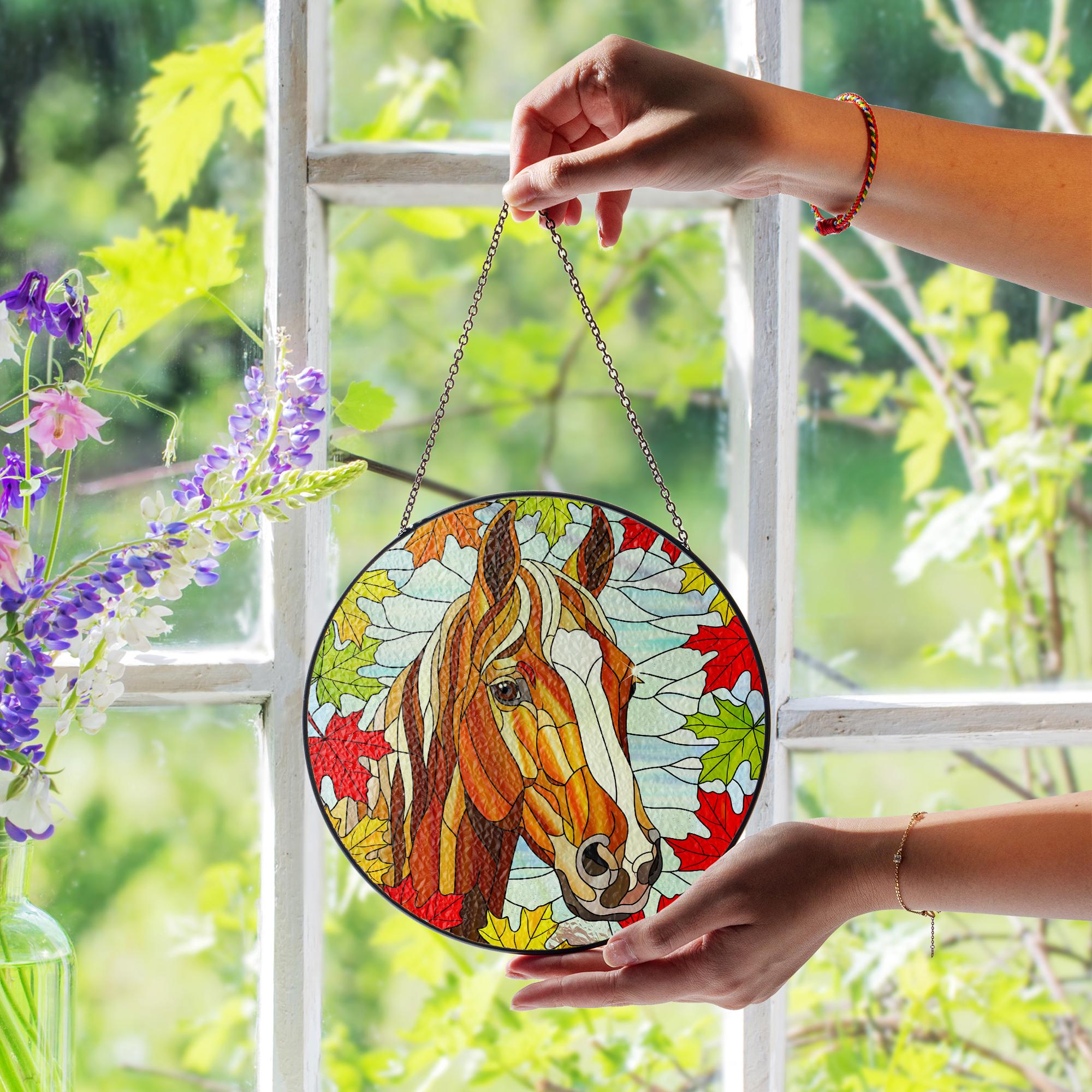 Horse Suncatcher with Autumn Maple Leaves: Equestrian Fall Decor