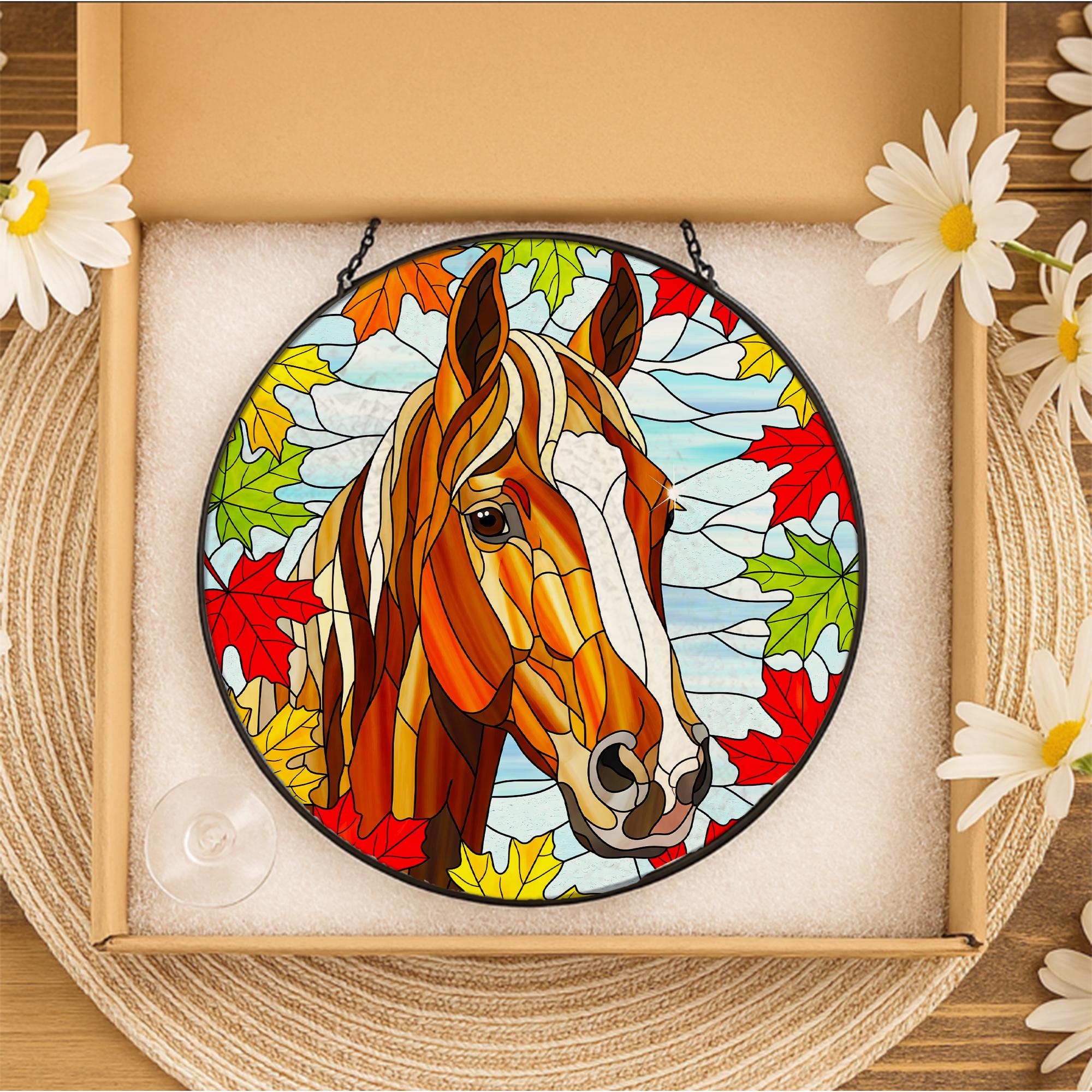 Horse Suncatcher with Autumn Maple Leaves: Equestrian Fall Decor