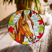 Horse Suncatcher with Autumn Maple Leaves: Equestrian Fall Decor