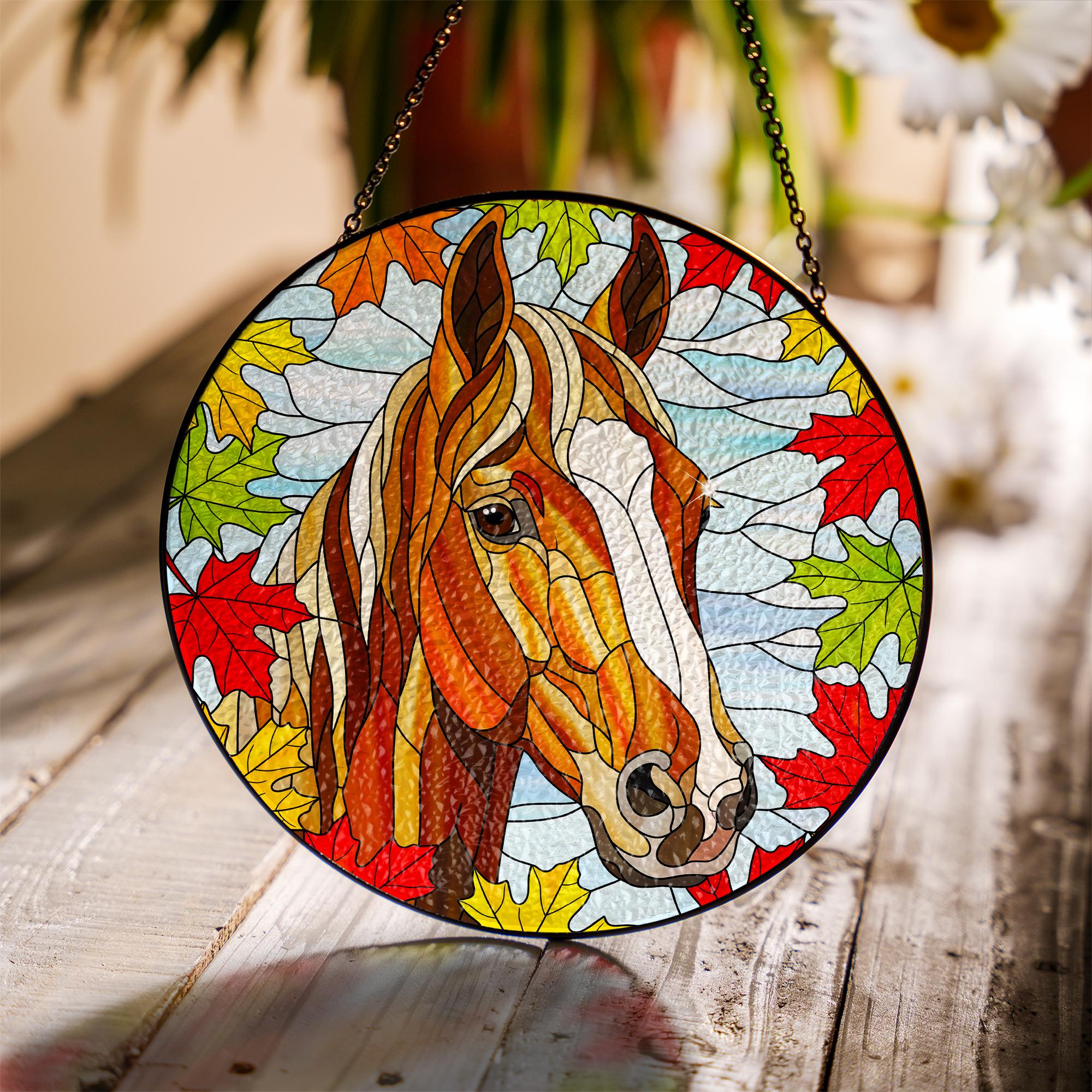 Horse Suncatcher with Autumn Maple Leaves: Equestrian Fall Decor