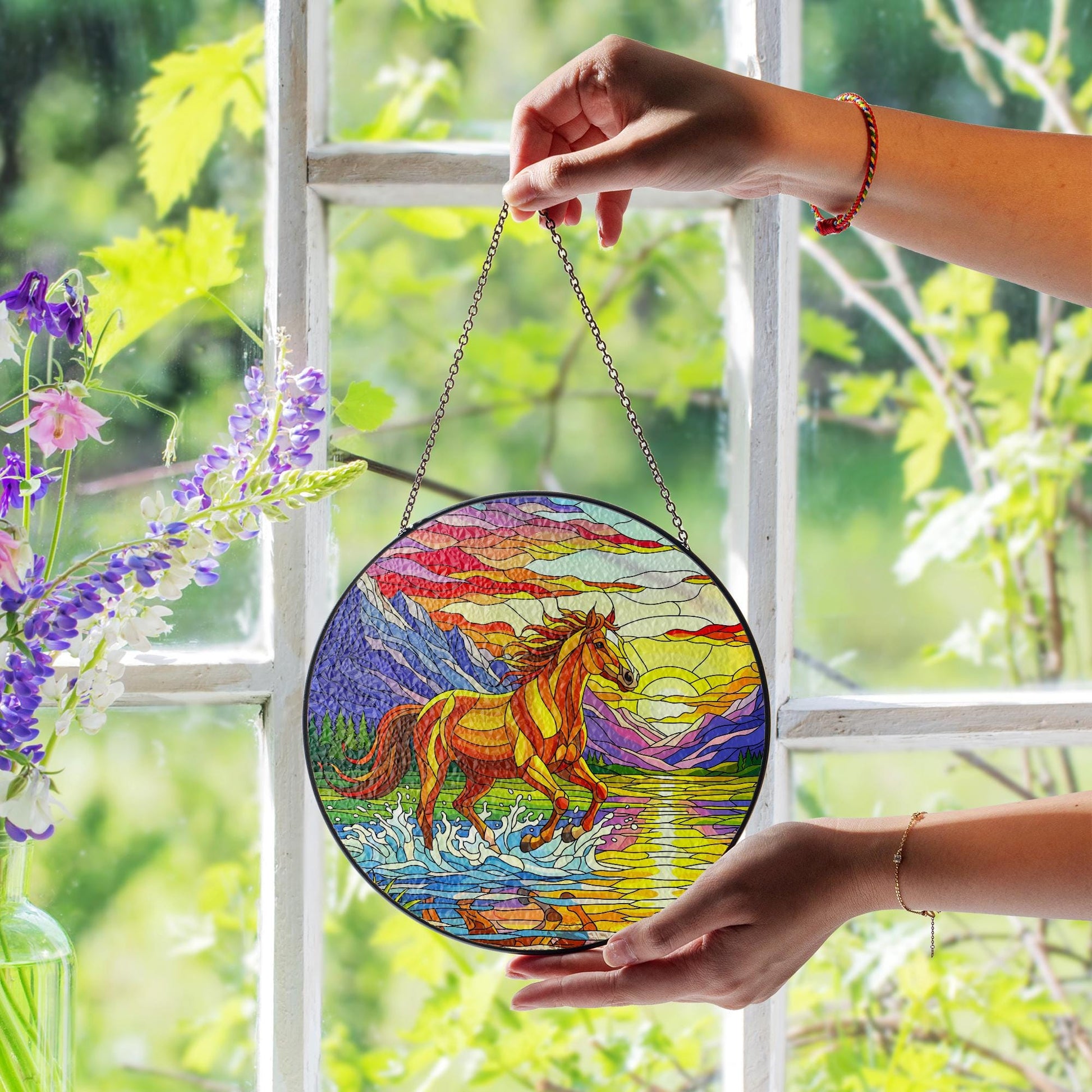 Galloping Horse Glass Suncatcher: Mountain Sunset Window Art