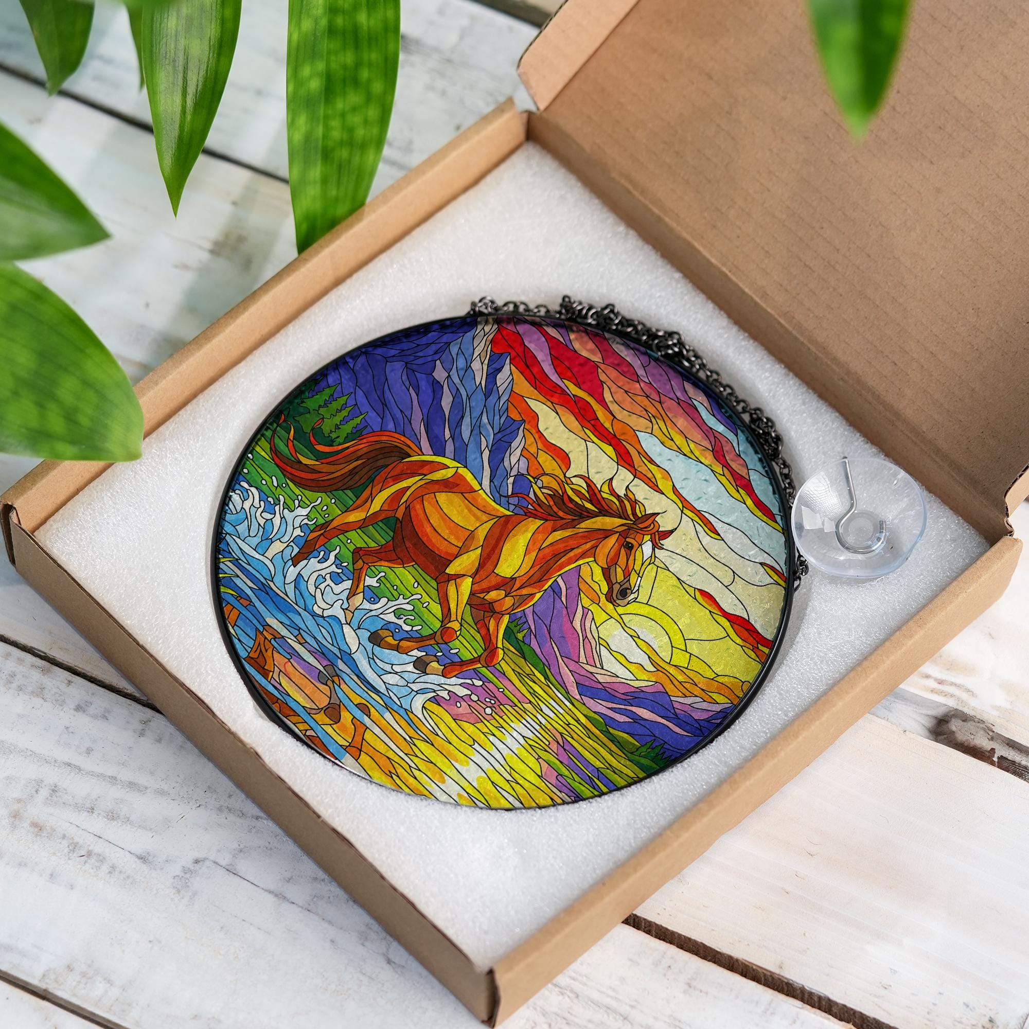 Galloping Horse Glass Suncatcher: Mountain Sunset Window Art