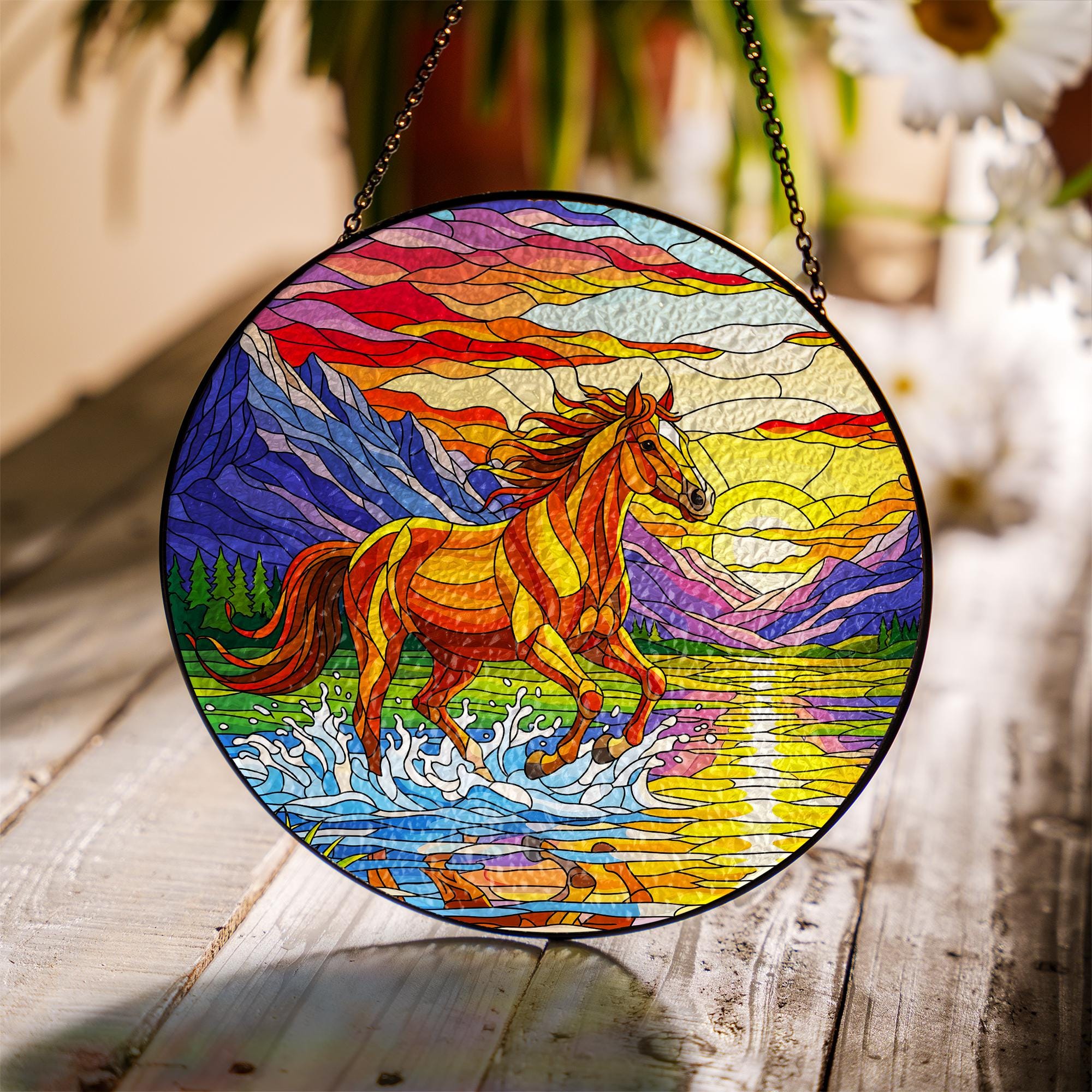 Galloping Horse Glass Suncatcher: Mountain Sunset Window Art