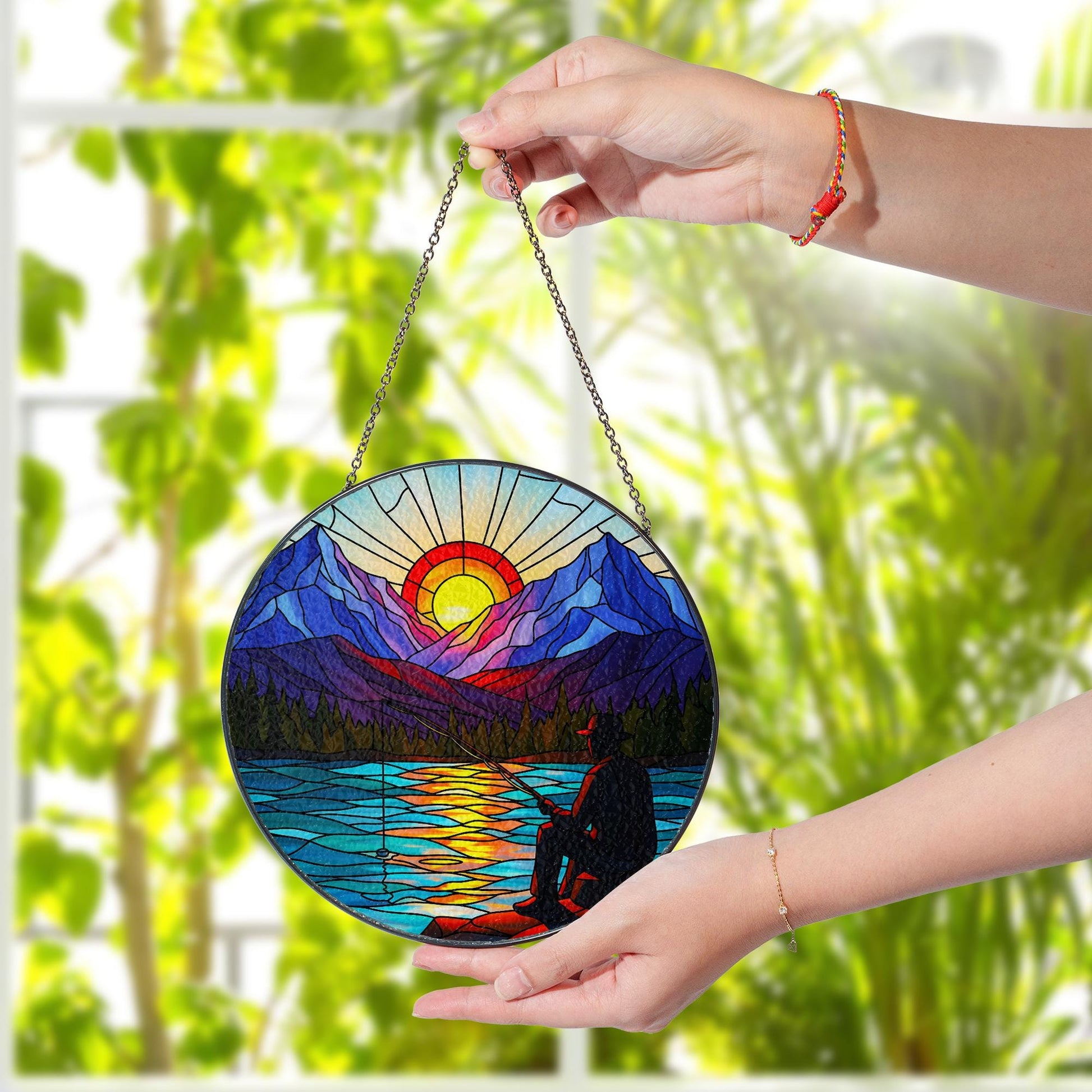 Fishing Gift for Dad, Mountain Glass Suncatcher, Fisherman Sunset Lake Window Hanging, Nature Landscape Art, Rustic Cabin Wall Decor