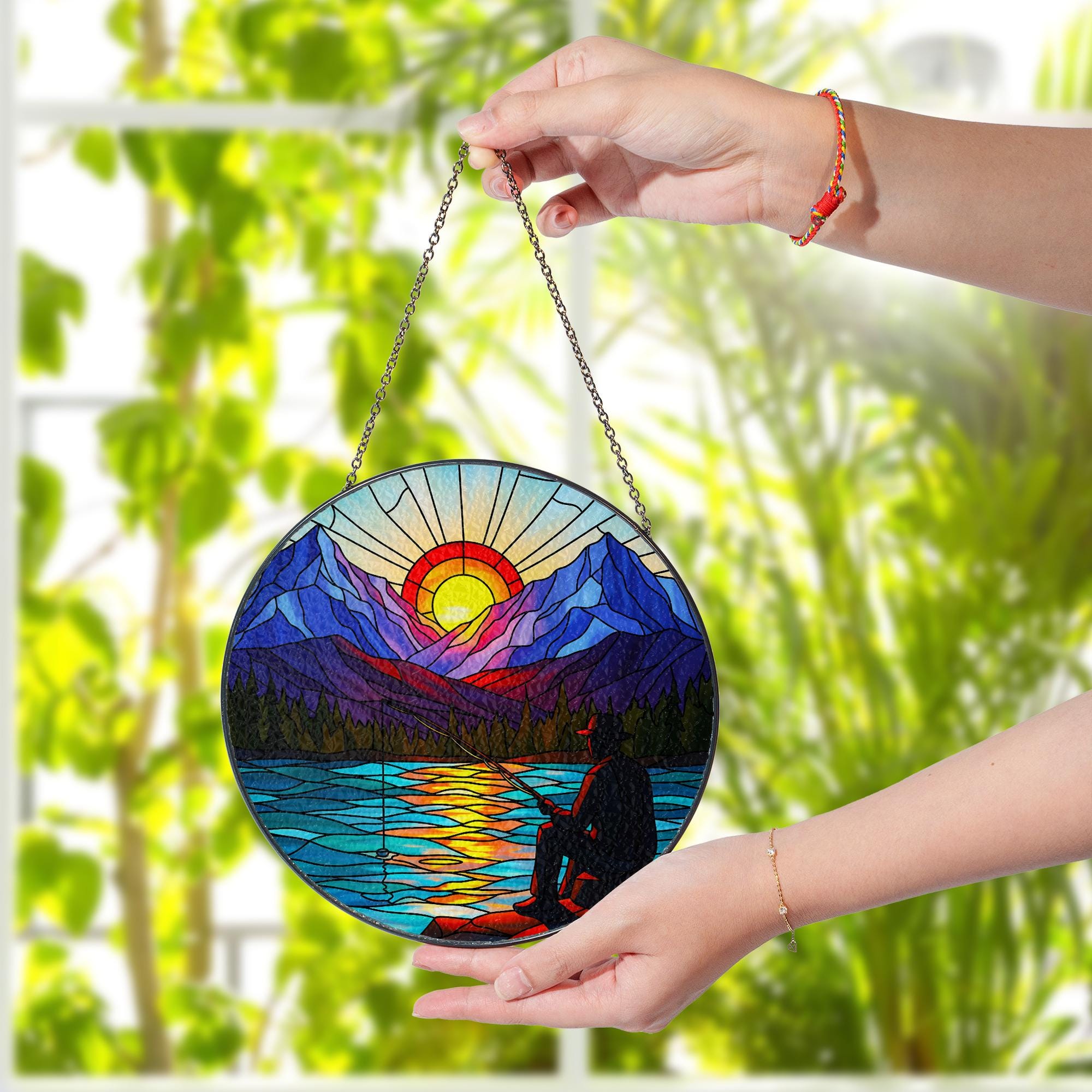 Fishing Gift for Dad, Mountain Glass Suncatcher, Fisherman Sunset Lake Window Hanging, Nature Landscape Art, Rustic Cabin Wall Decor