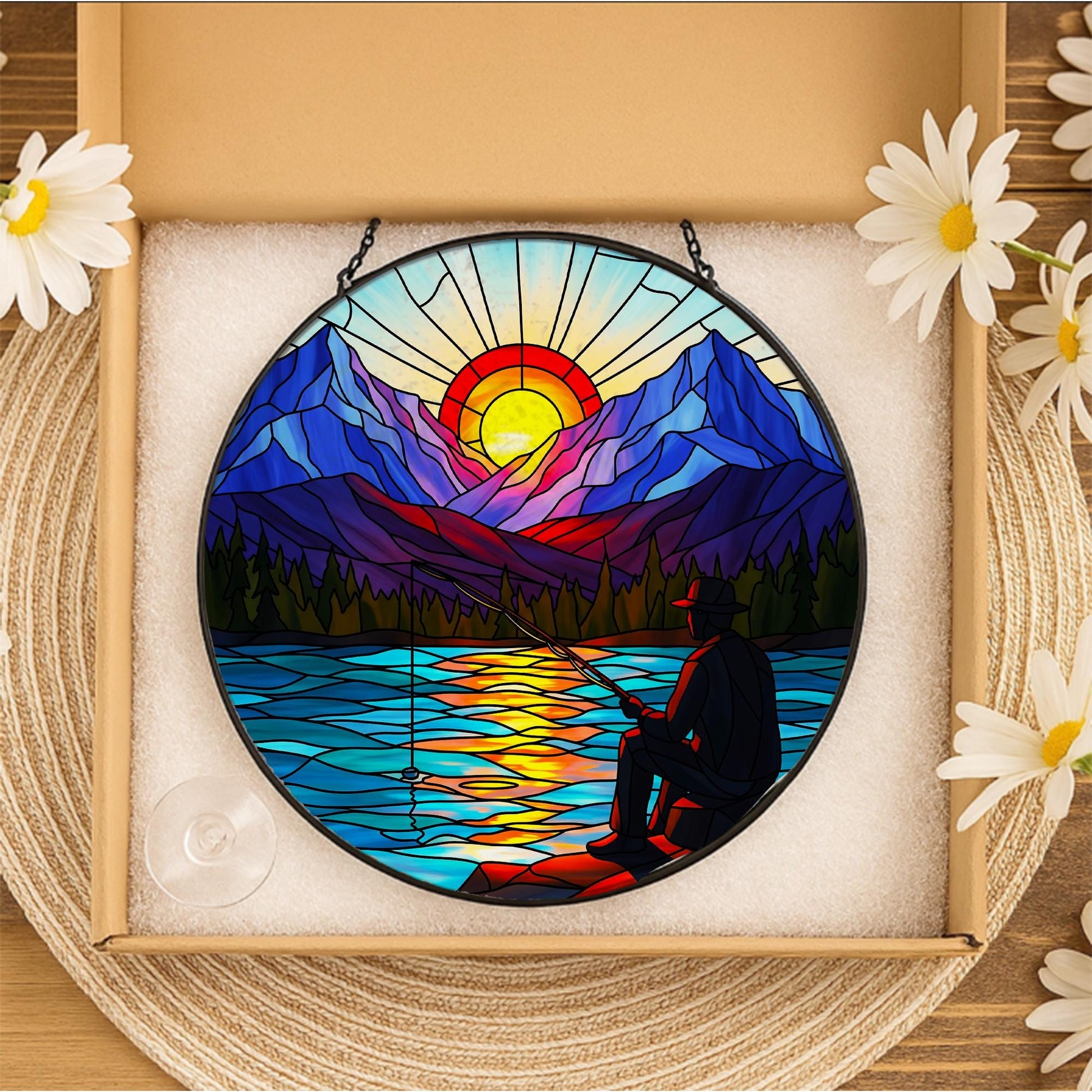 Fishing Gift for Dad, Mountain Glass Suncatcher, Fisherman Sunset Lake Window Hanging, Nature Landscape Art, Rustic Cabin Wall Decor