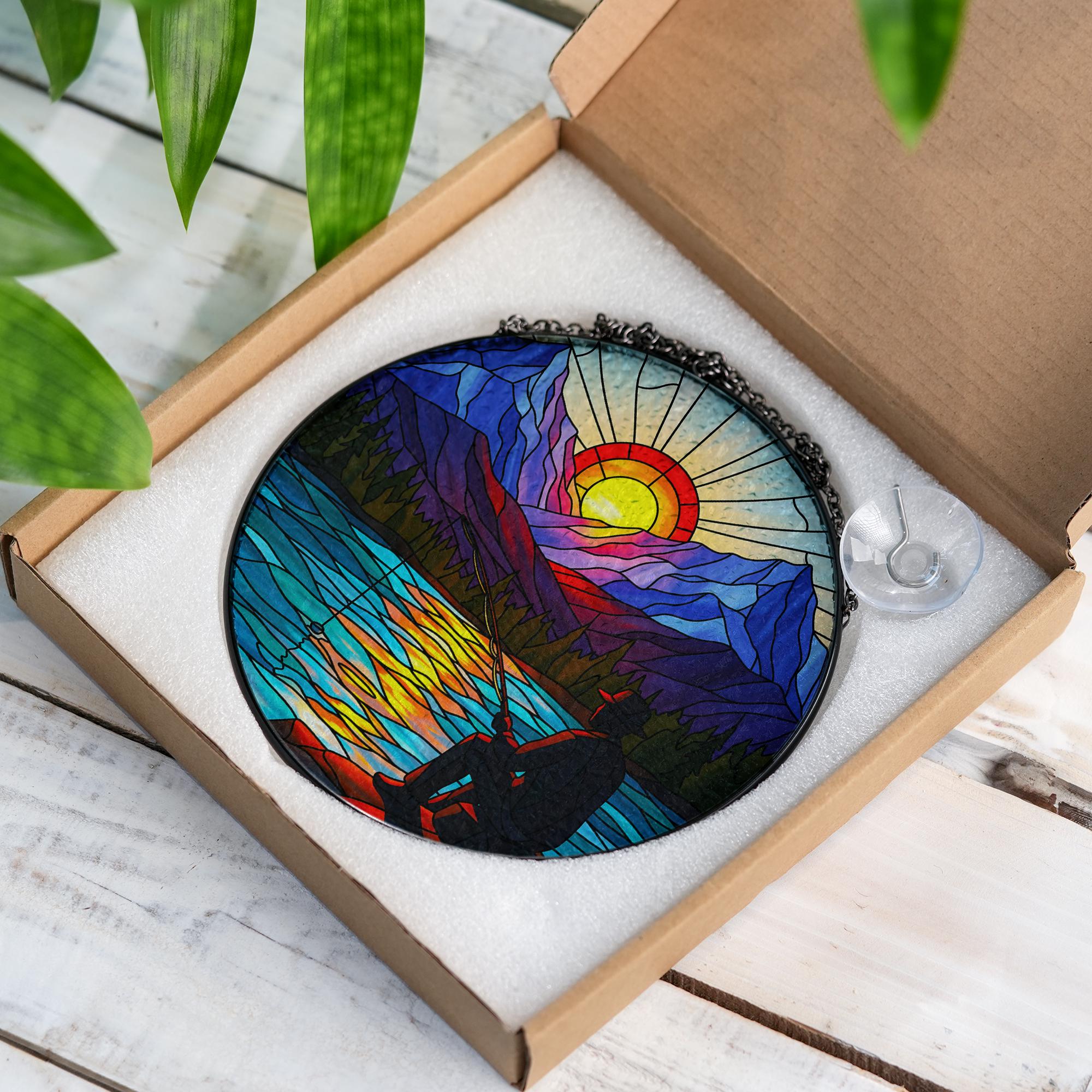 Fishing Gift for Dad, Mountain Glass Suncatcher, Fisherman Sunset Lake Window Hanging, Nature Landscape Art, Rustic Cabin Wall Decor