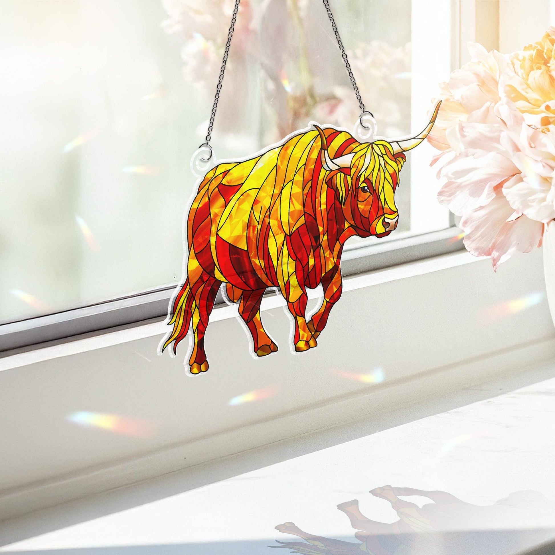 Holographic Highland Cow Acrylic Ornament: Shimmering Window Hanging